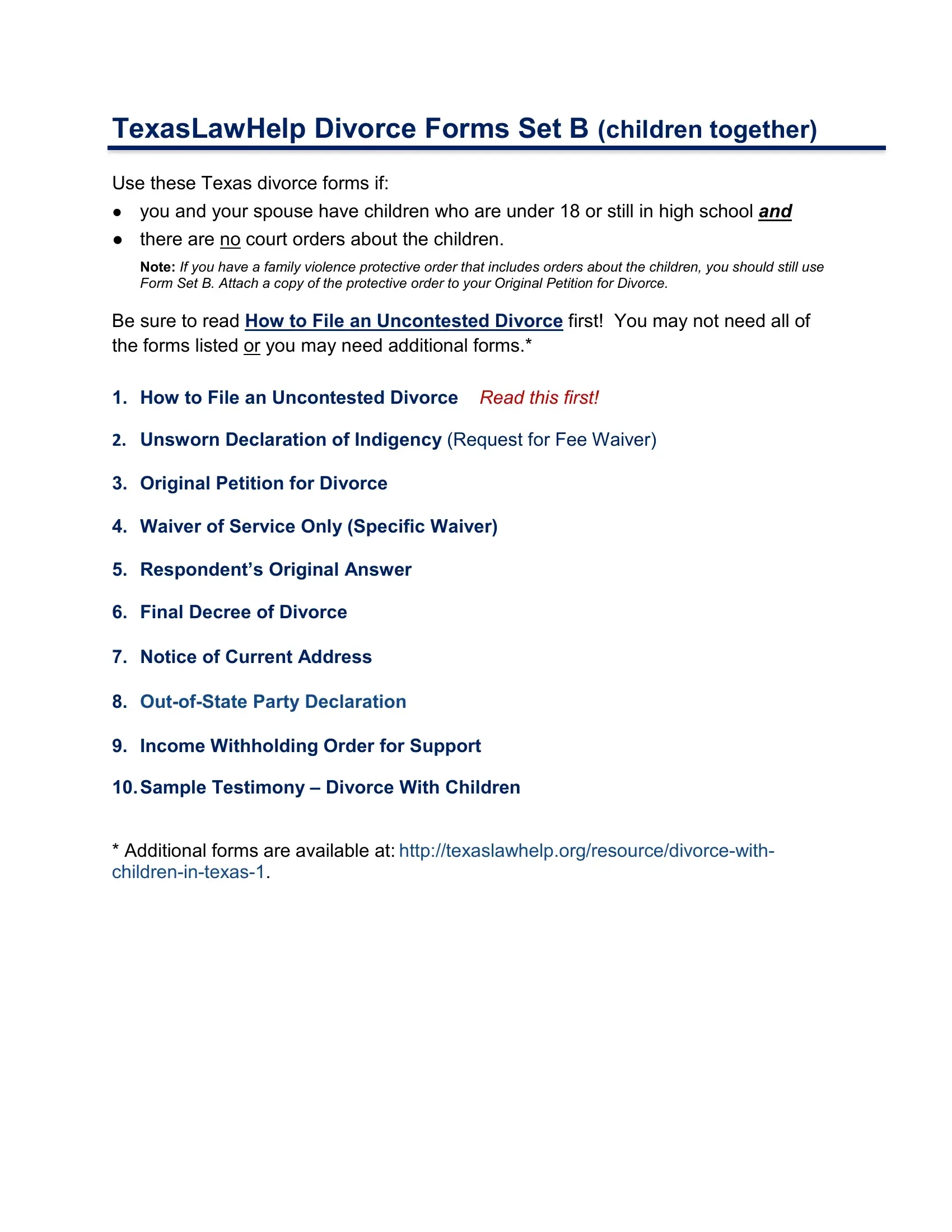 printable divorce forms texas