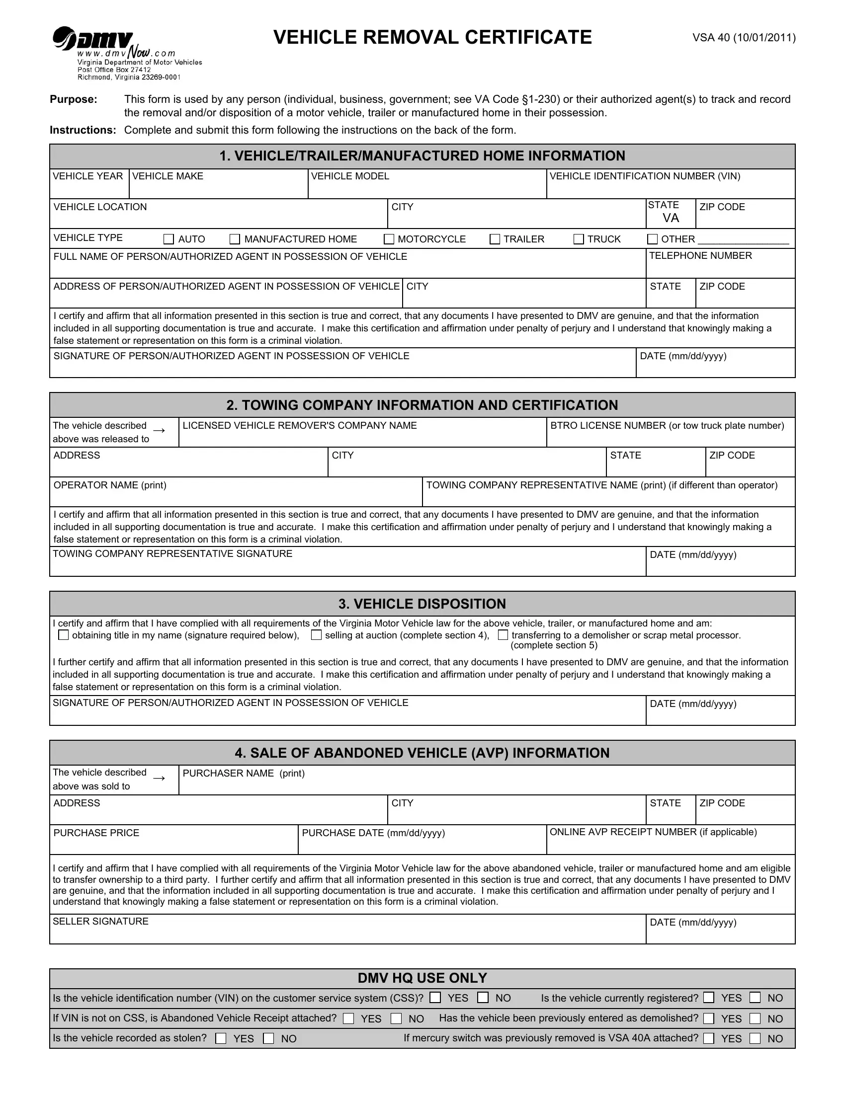 Dmv Form Vsa40 Fill Out Printable PDF Forms Online
