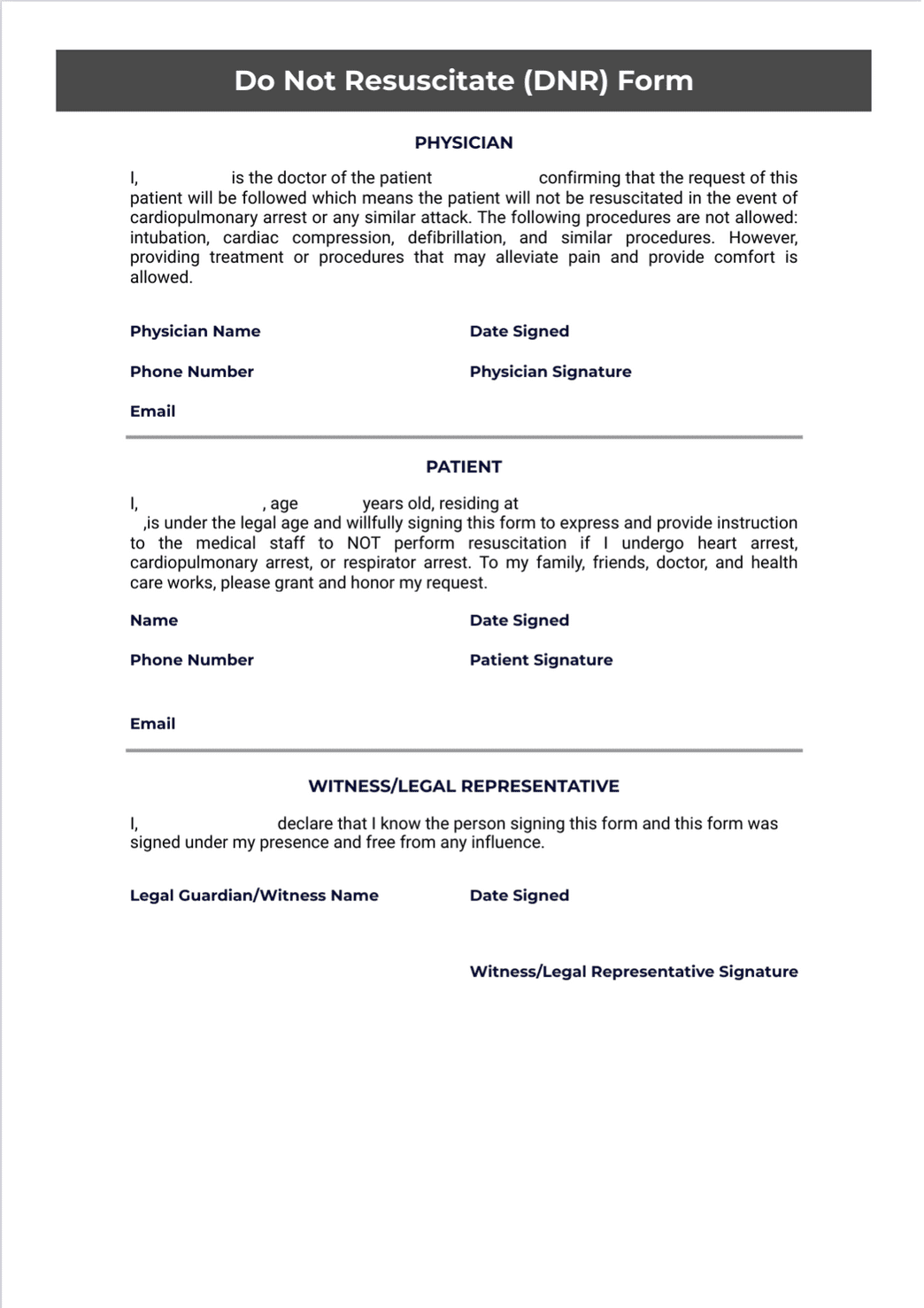 Do Not Resuscitate DNR Form PDF Template Jotform