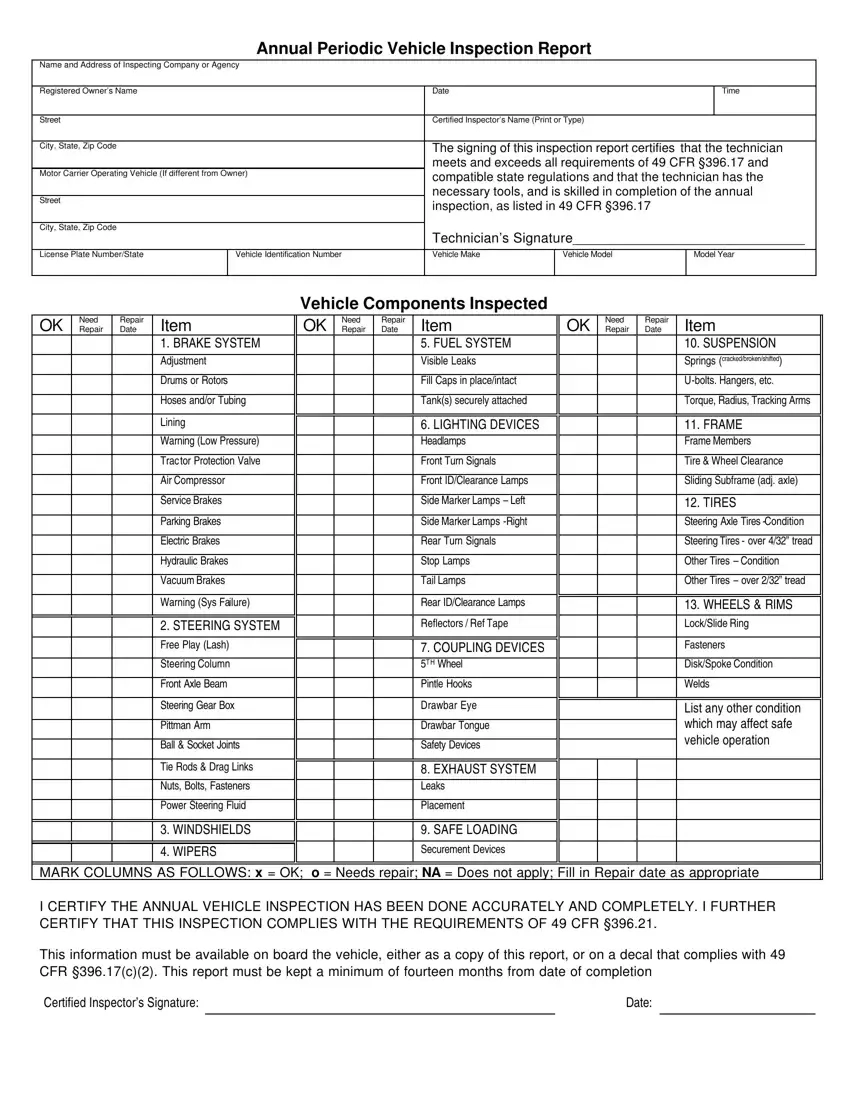 Dot Vehicle Inspection Forms Fill Out Printable PDF