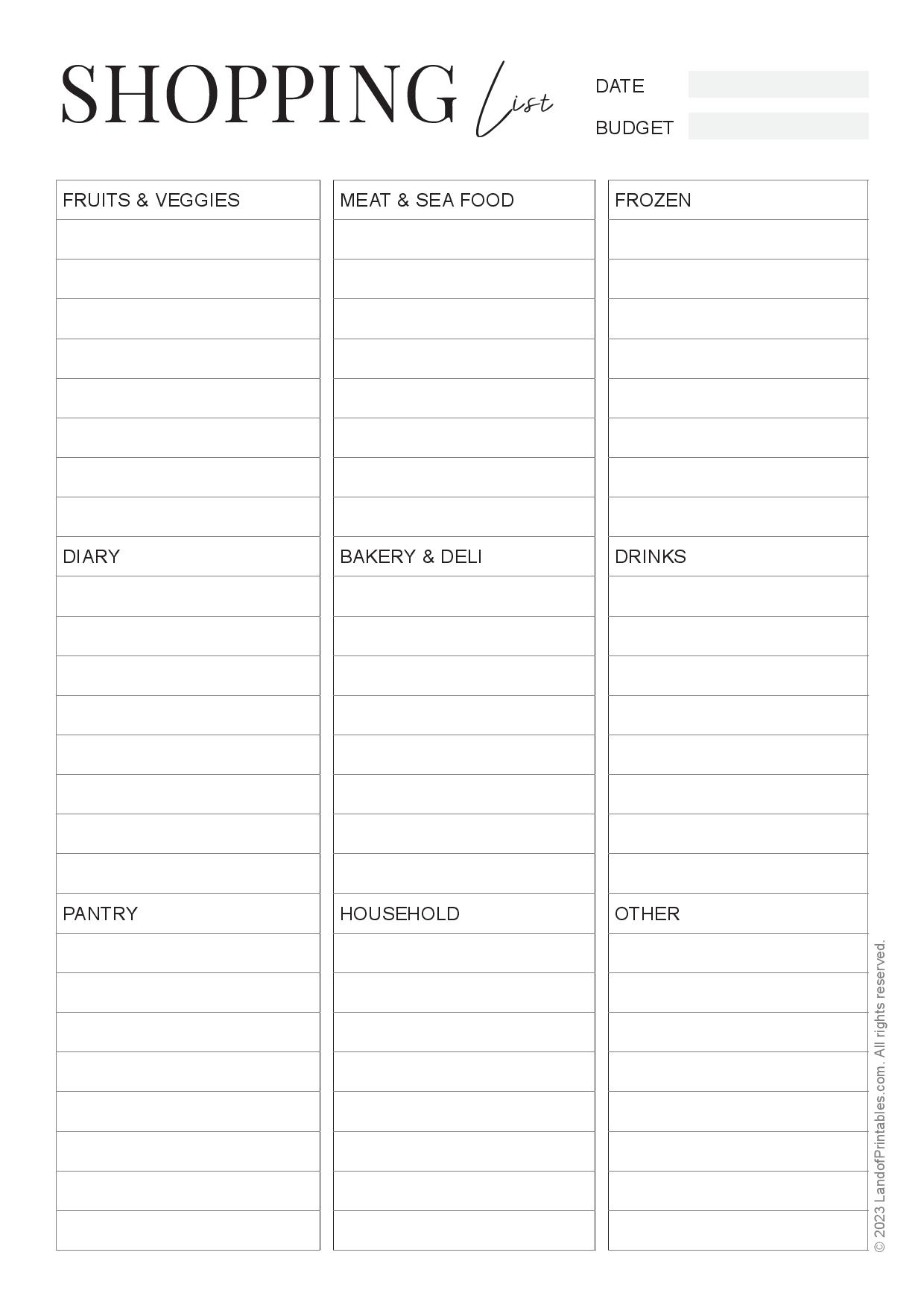 free printable grocery lists