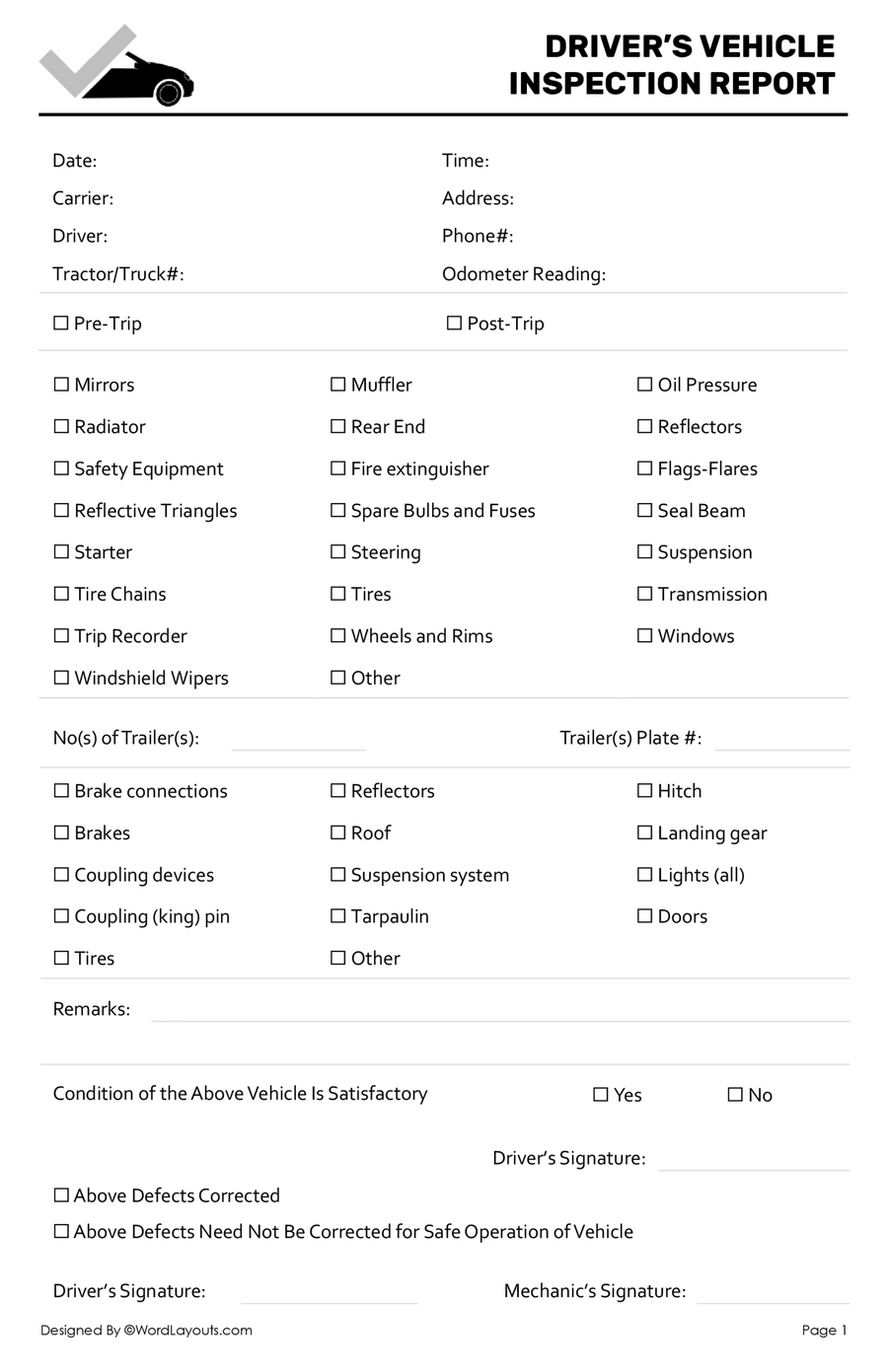 printable pre trip inspection form pdf