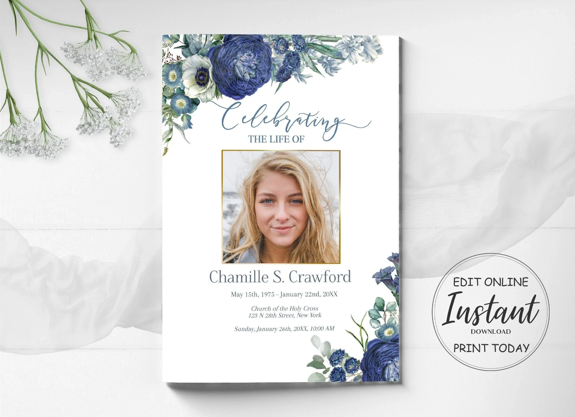 Editable 8 Page Navy Blue Celebration Of Life Program Template Lovingmemoryprints
