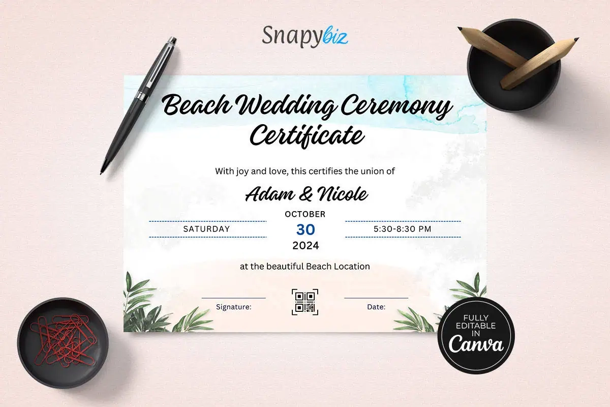 Editable Beach Wedding Ceremony Certificate Template SnapyBiz
