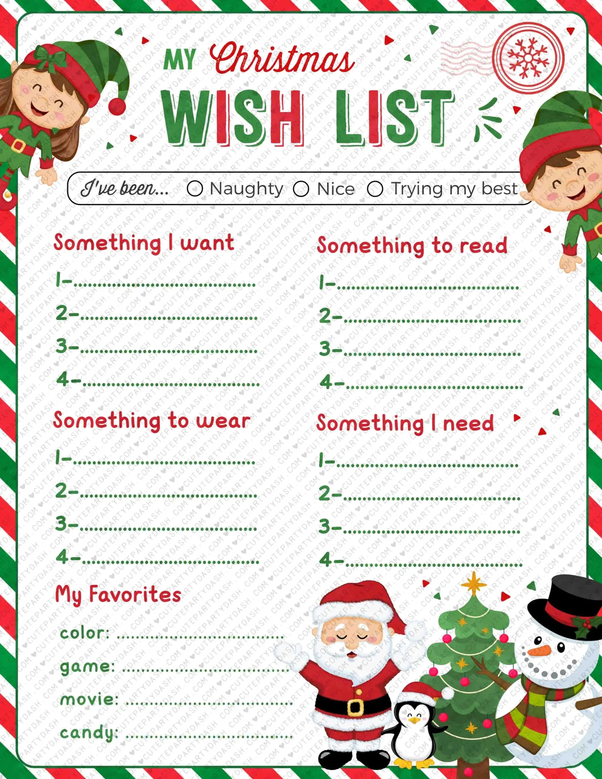 EDITABLE Christmas Wish List For Kids Printable INSTANT DOWNLOAD Cute Party Dash