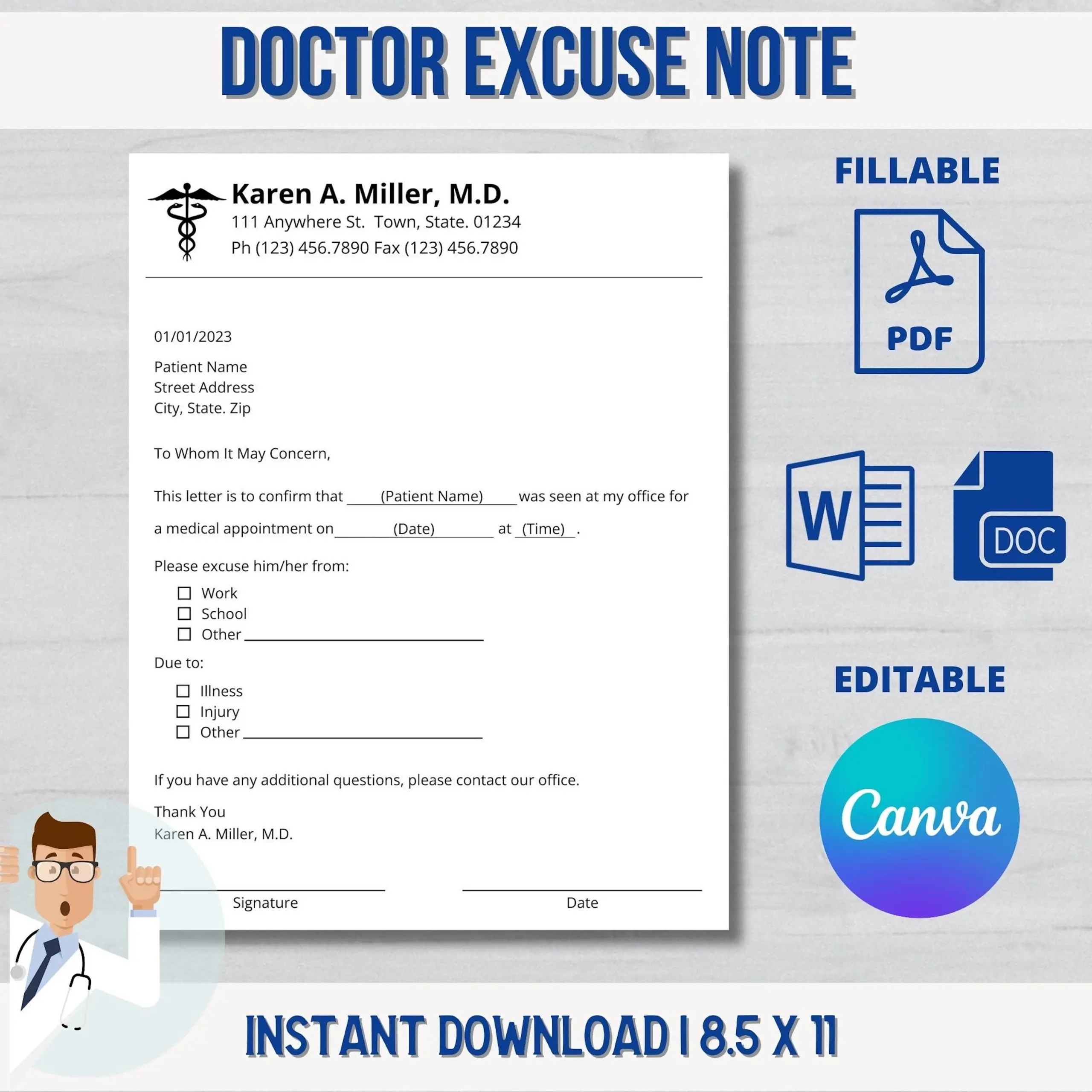 Editable Doctor s Excuse Template Printable Medical Note PDF Word Canva Etsy