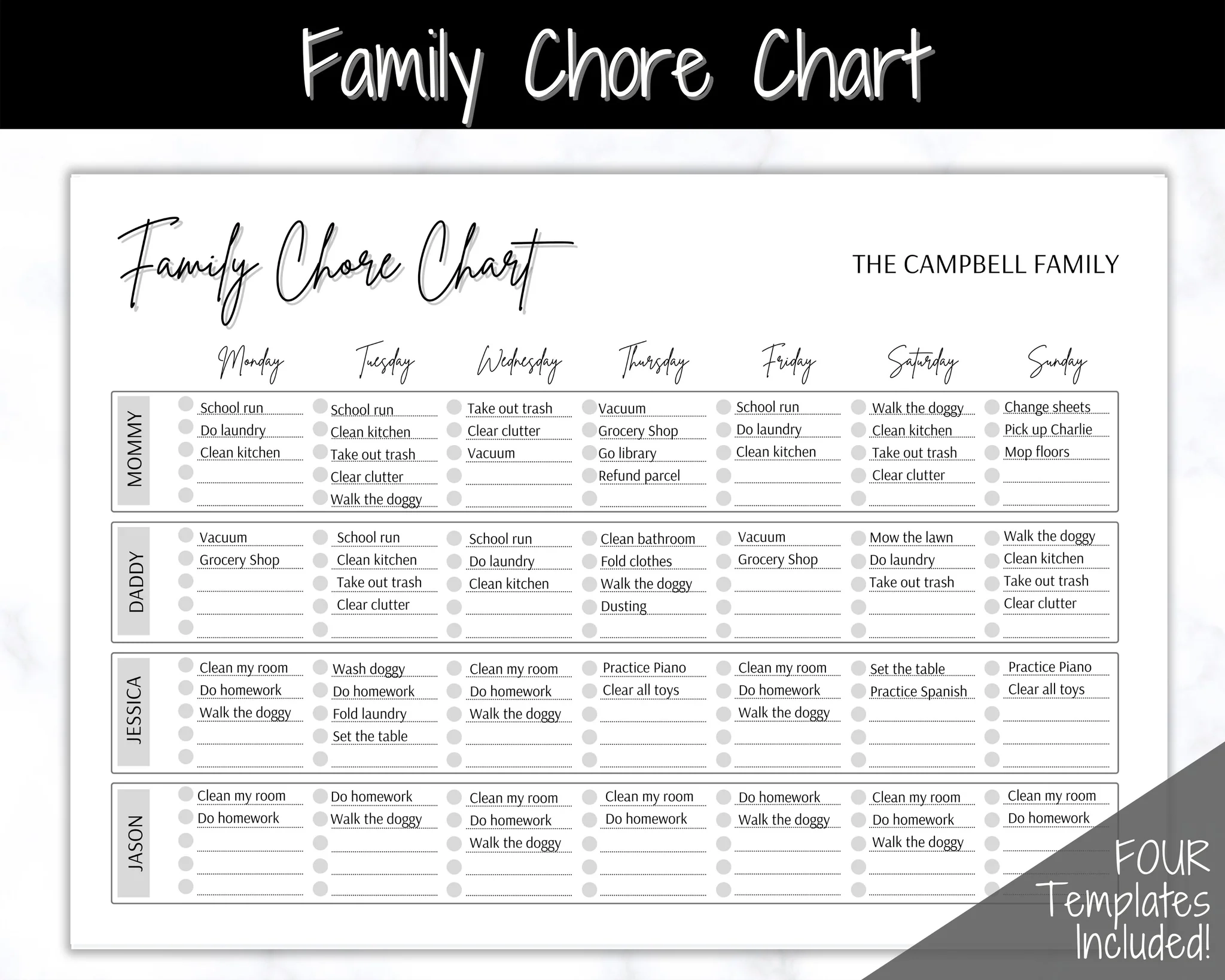 Editable Family Chore Chart Planner Printable Templates Mono