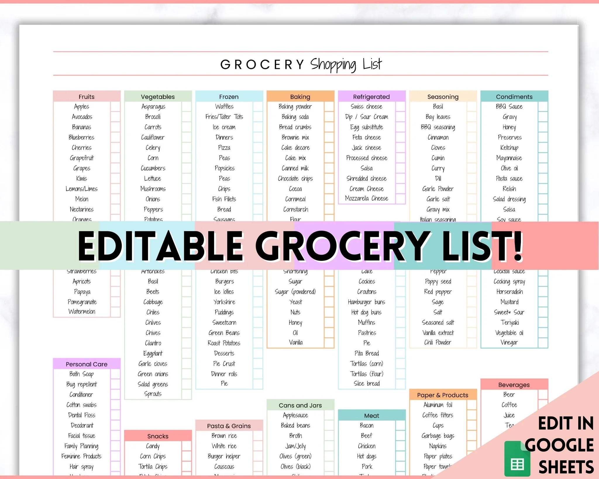 EDITABLE Grocery List Weekly Shopping Meal Planner Pastel
