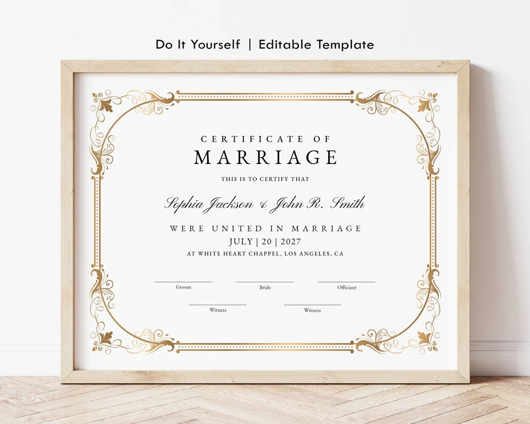 Editable Marriage Certificate Template Classic Wedding Keepsake Certificate With Gold Frame Customizable Gift For Wedding Download Jet100 Etsy