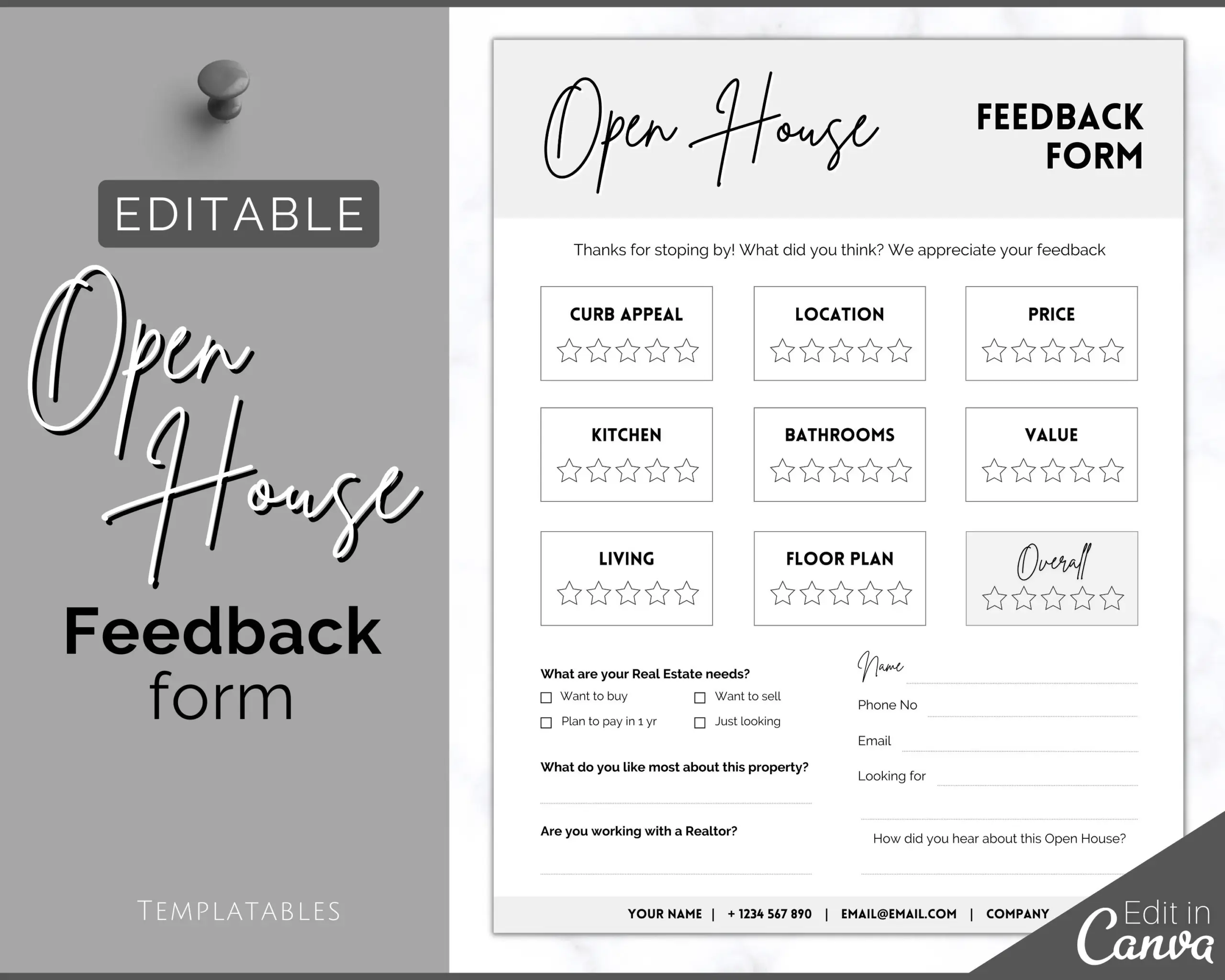 EDITABLE Open House Real Estate Feedback Form For Realtors Brokers