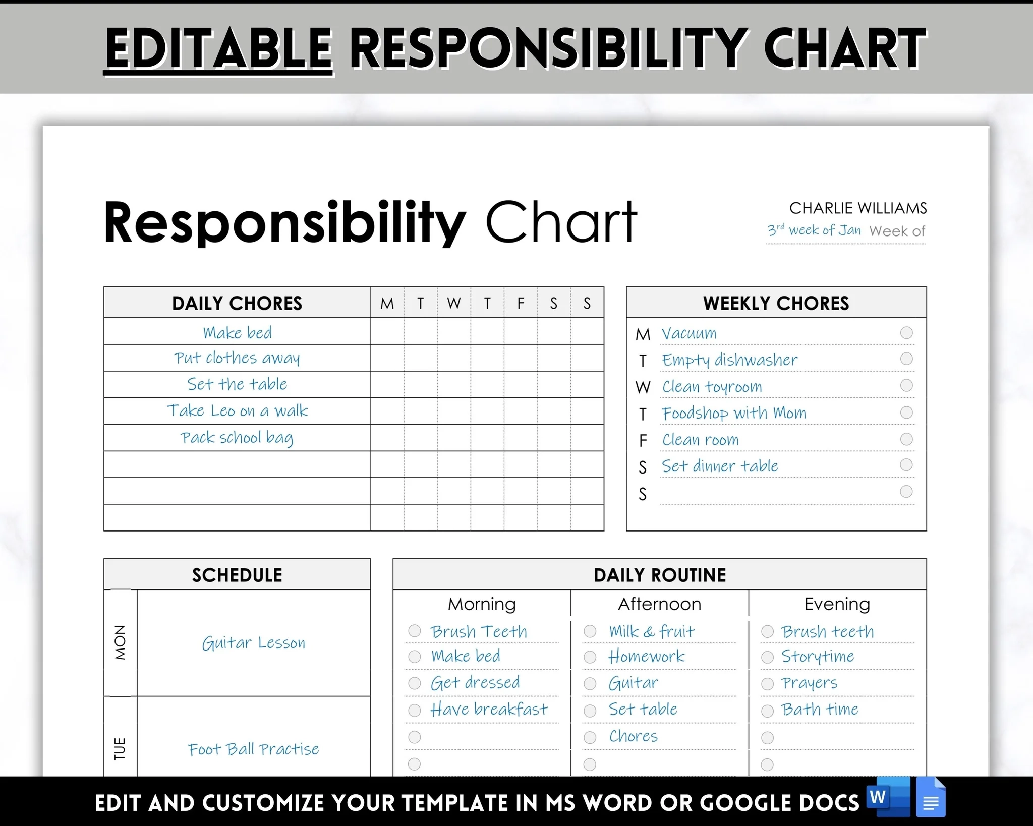 EDITABLE Responsibility Chart Family Chore Chart Weekly Routine