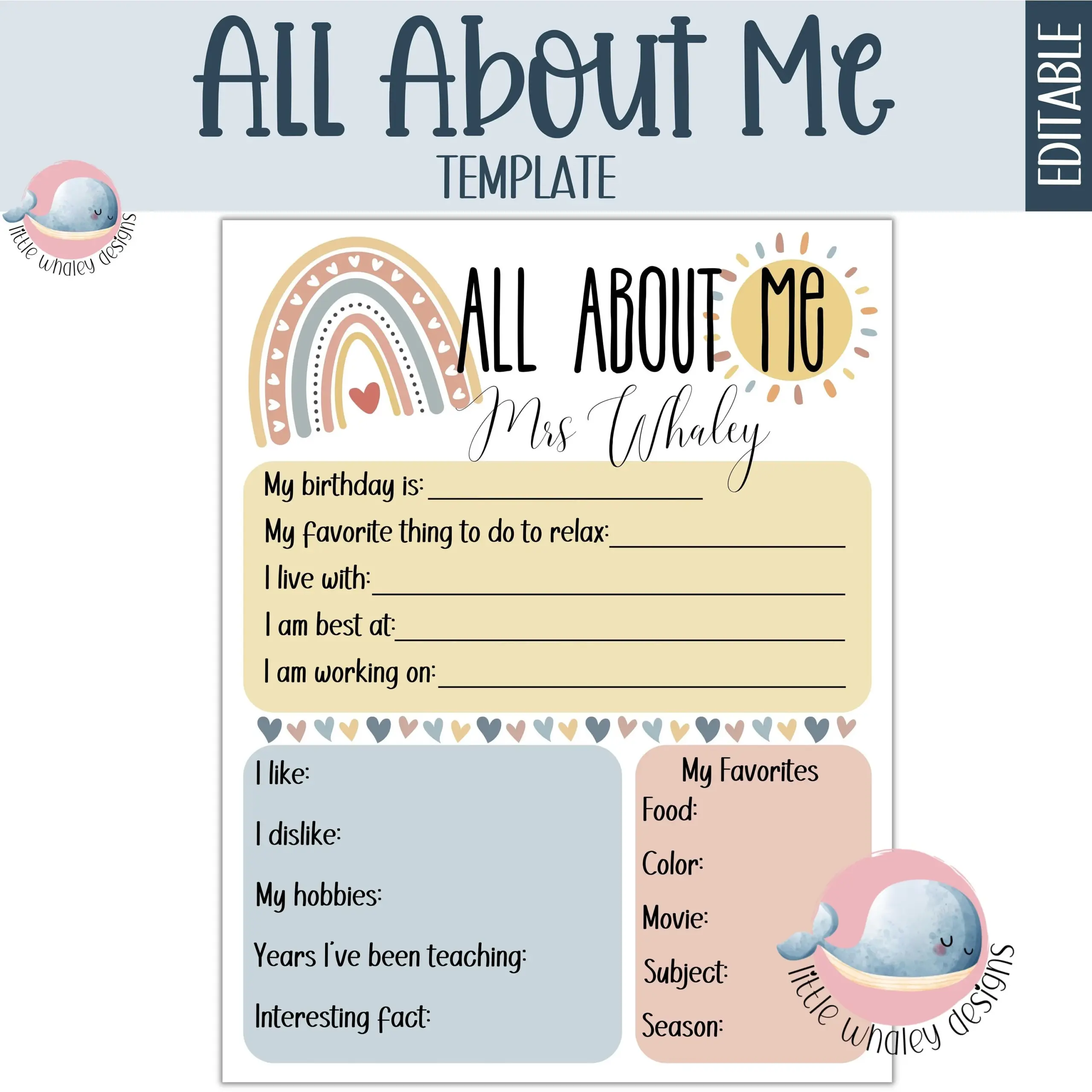 Editable Teacher All About Me Template School Open House digital Download Etsy