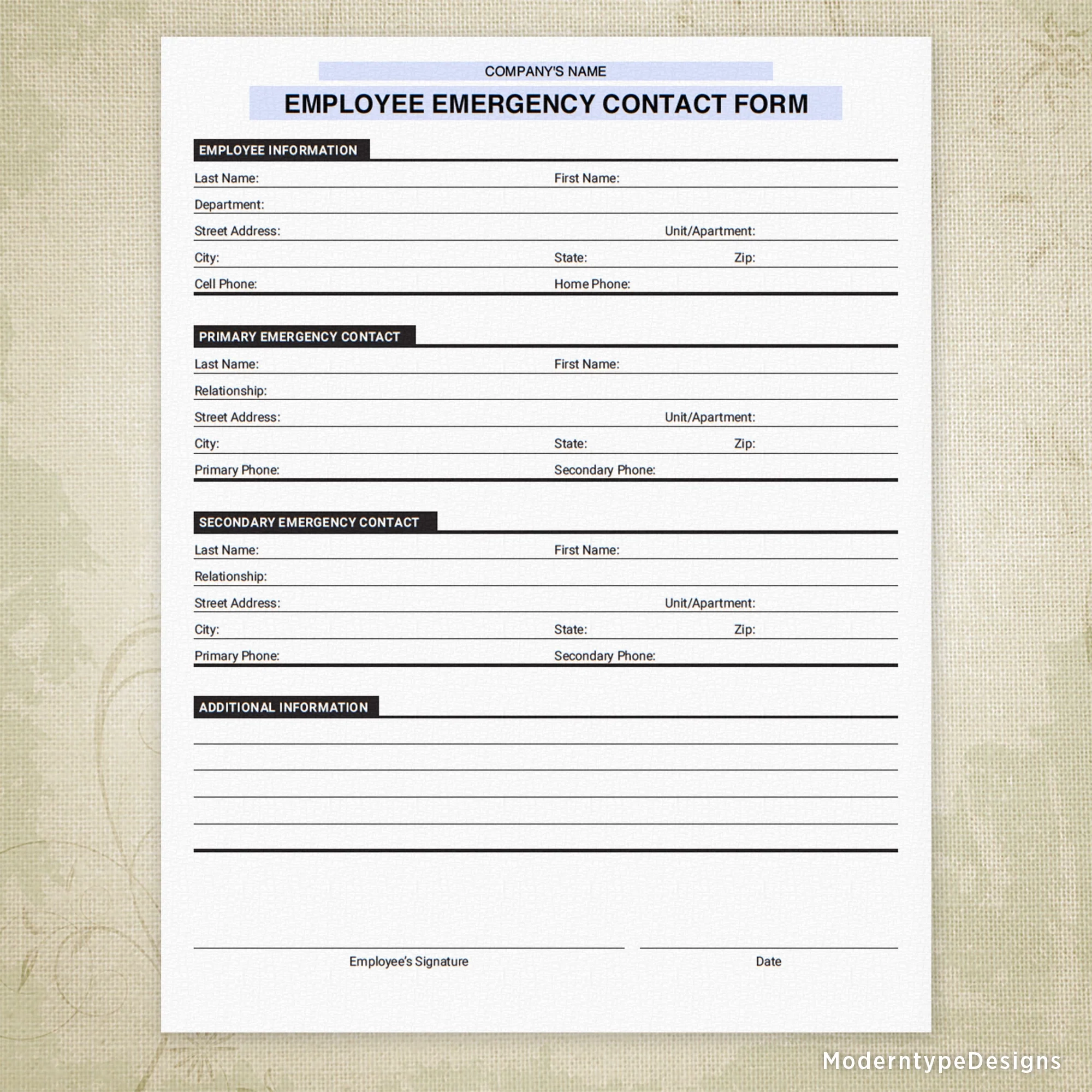 emergency contact printable form