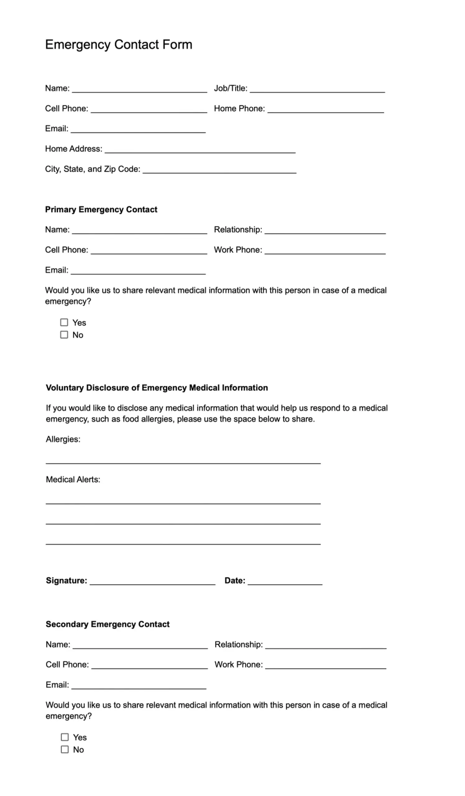 Employee Emergency Contact Form Free Template