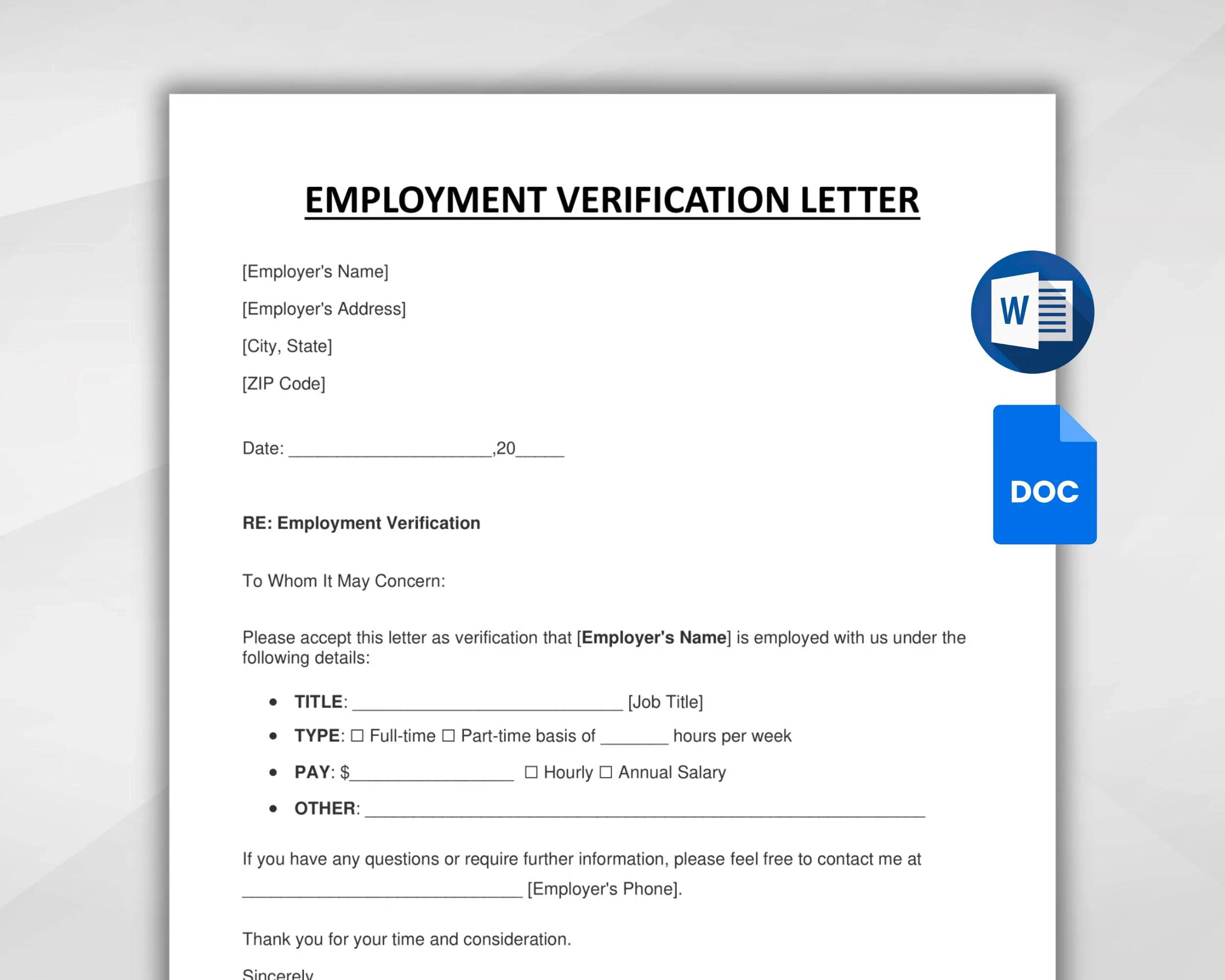 Employment Verification Letter Template Employment Verification Letter Form Job Verification Letter Google Docs ms Word Instant Download Etsy Finland