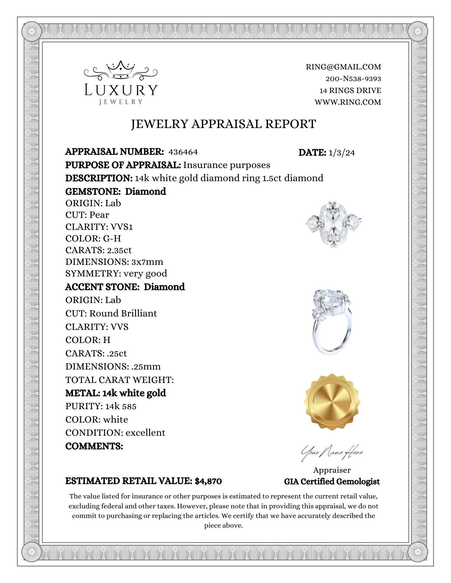 Engagement Diamond Wedding Ring Appraisal Form Template Editable Canva Report PDF Etsy New Zealand