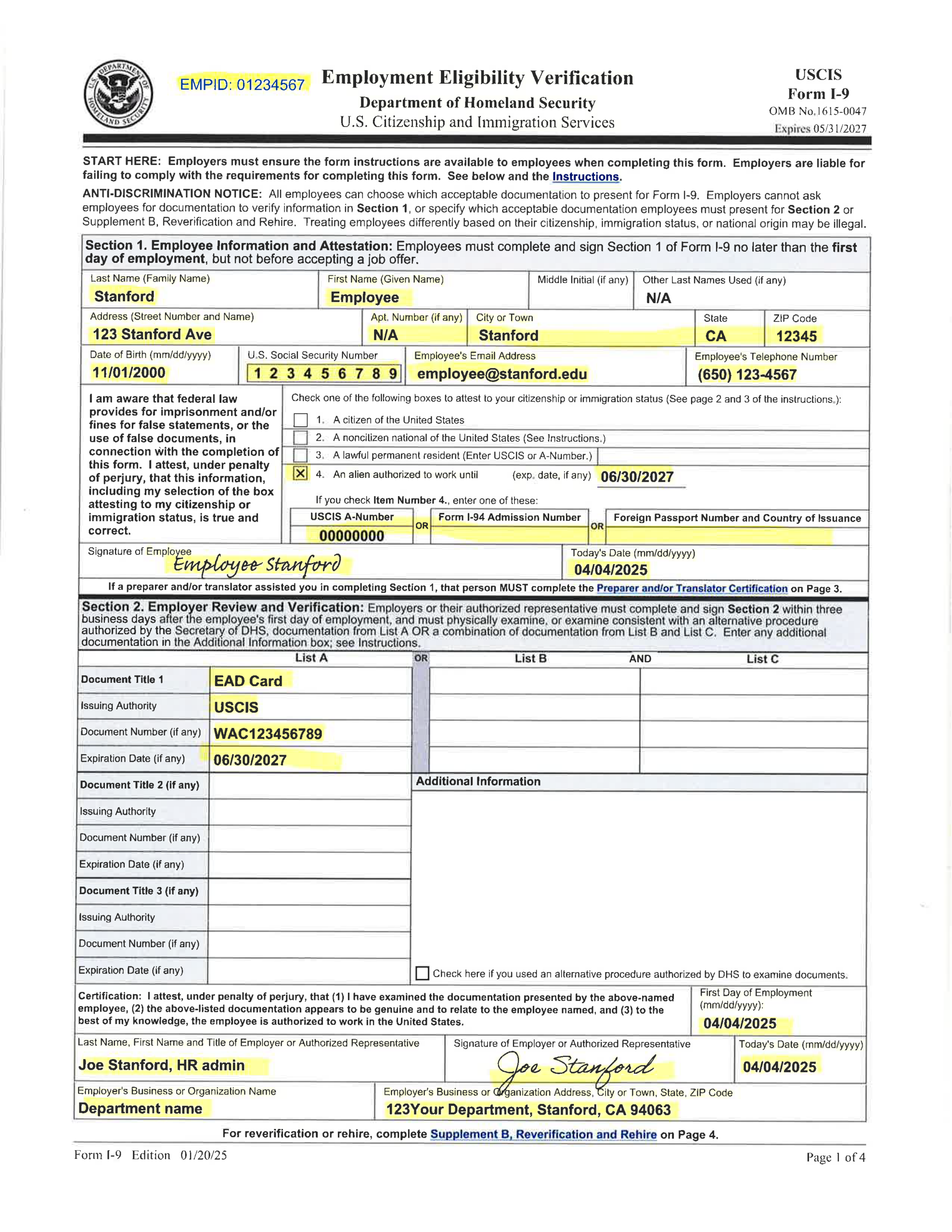 Examples Of Completed Form I 9 For Stanford