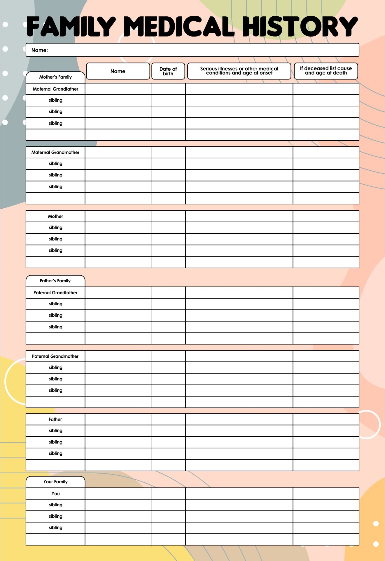 Family Medical History Printable Free