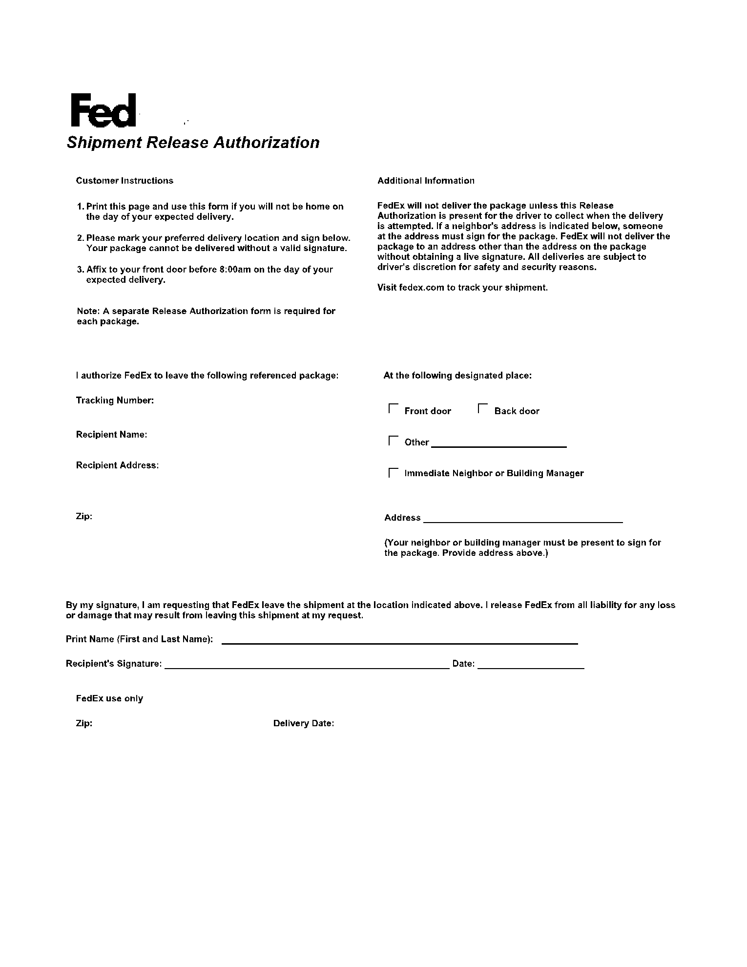 FedEx Door Tag Release Form Fill Download The PDF Online