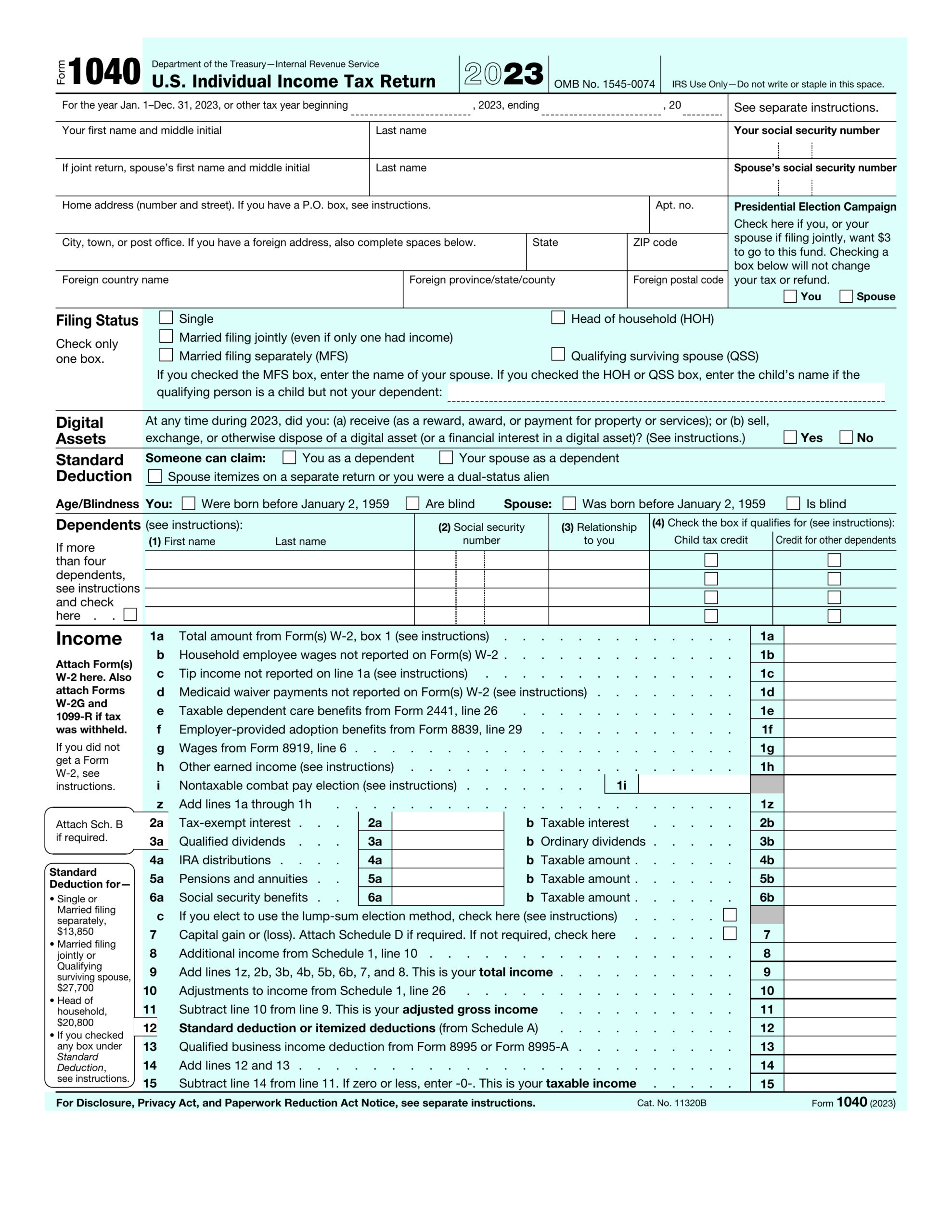 Fill Form 1040 2023 U S Individual Income Tax Return