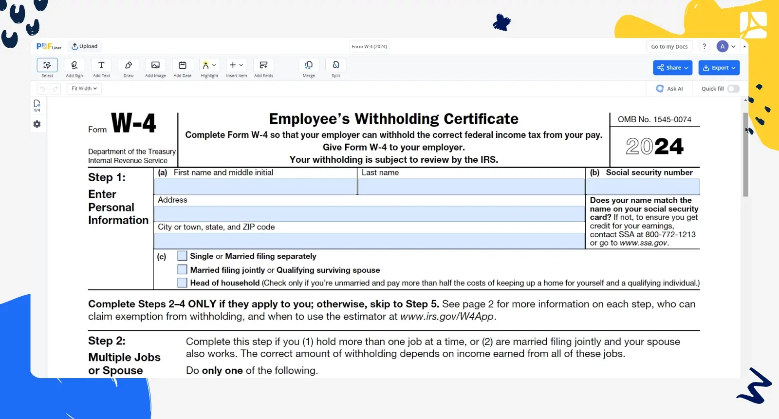 Fill Form W 4 2024 Online Simplify Tax Withholding PDFLiner Worksheets Library