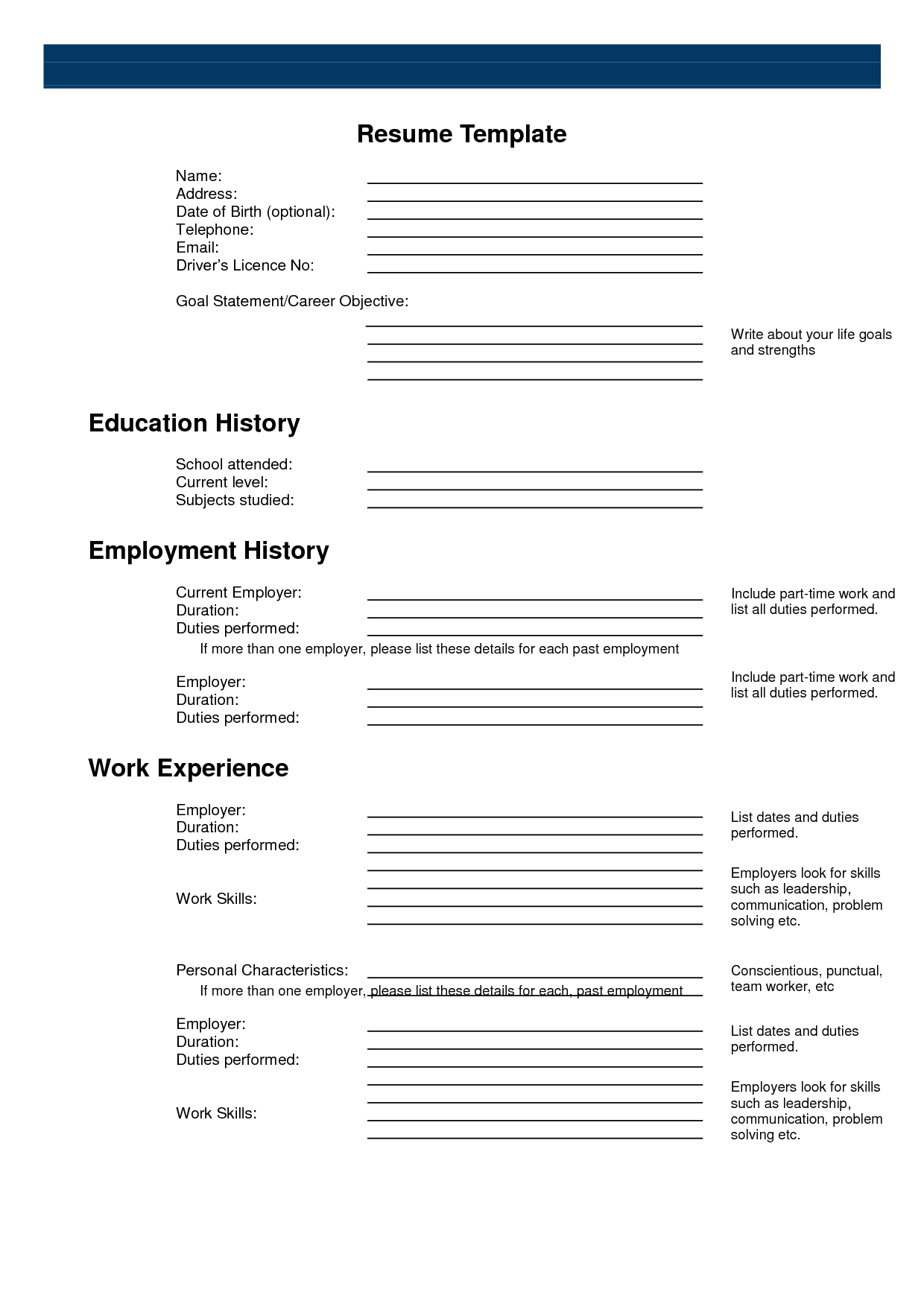 printable blank resume form