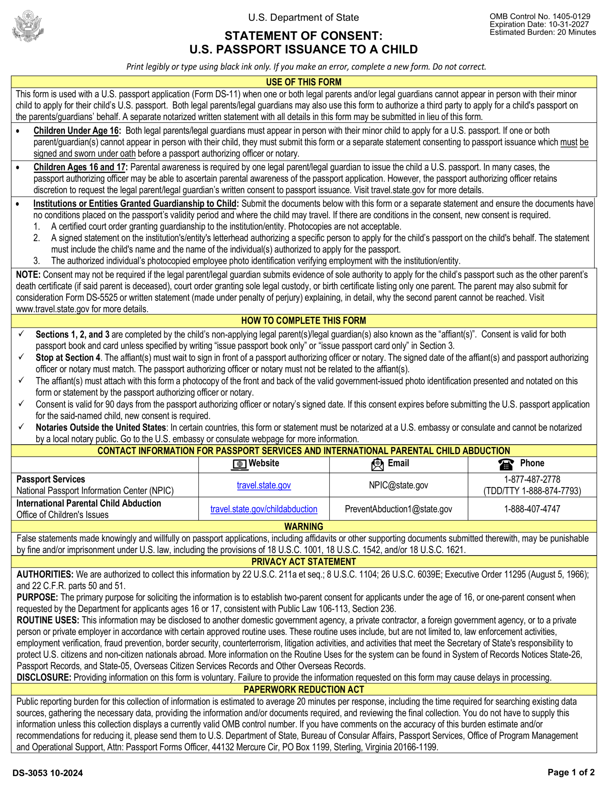Fillable Form DS 3053 Passport Application Statement Of Consent