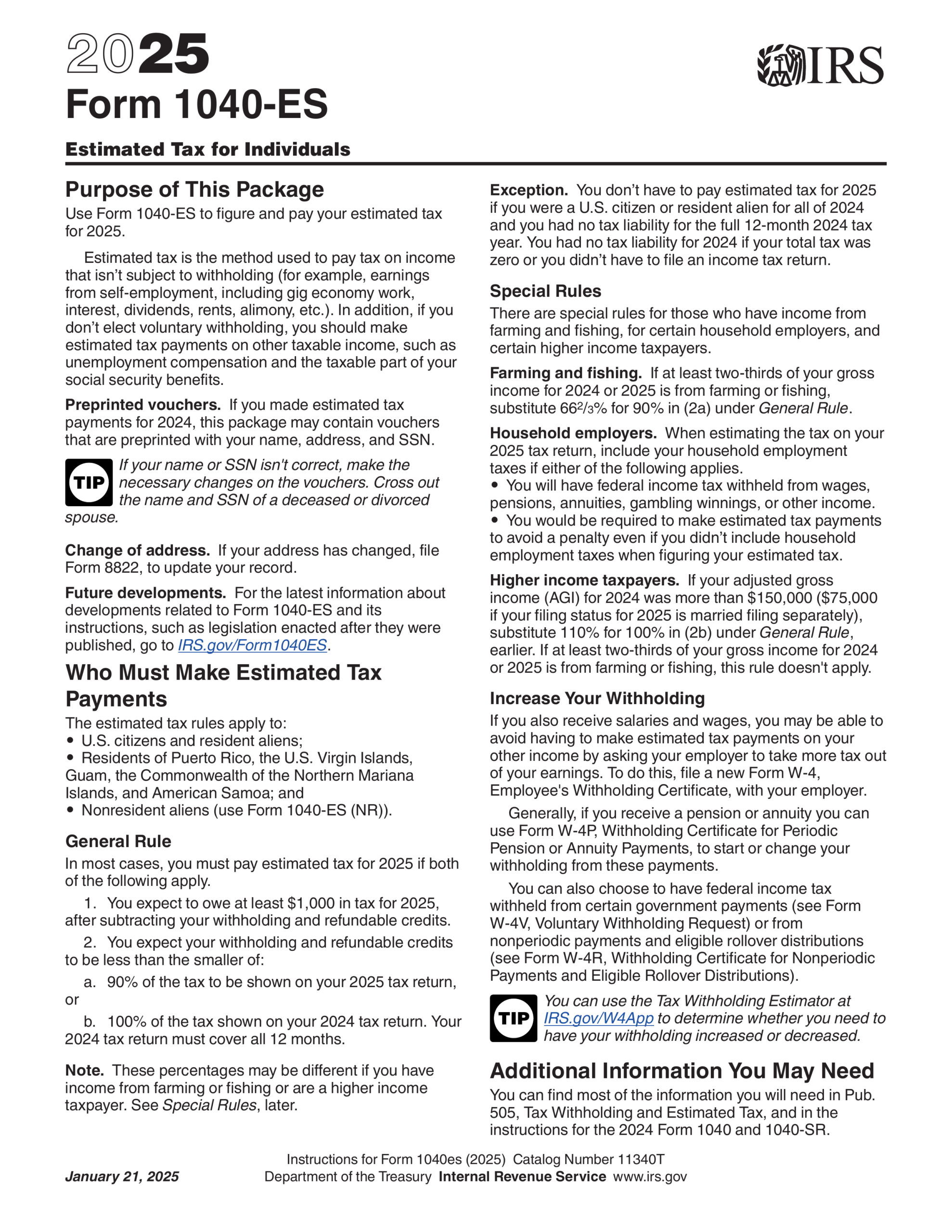 Fillable IRS Form 1040 ES 2025 2026 Estimated Taxes