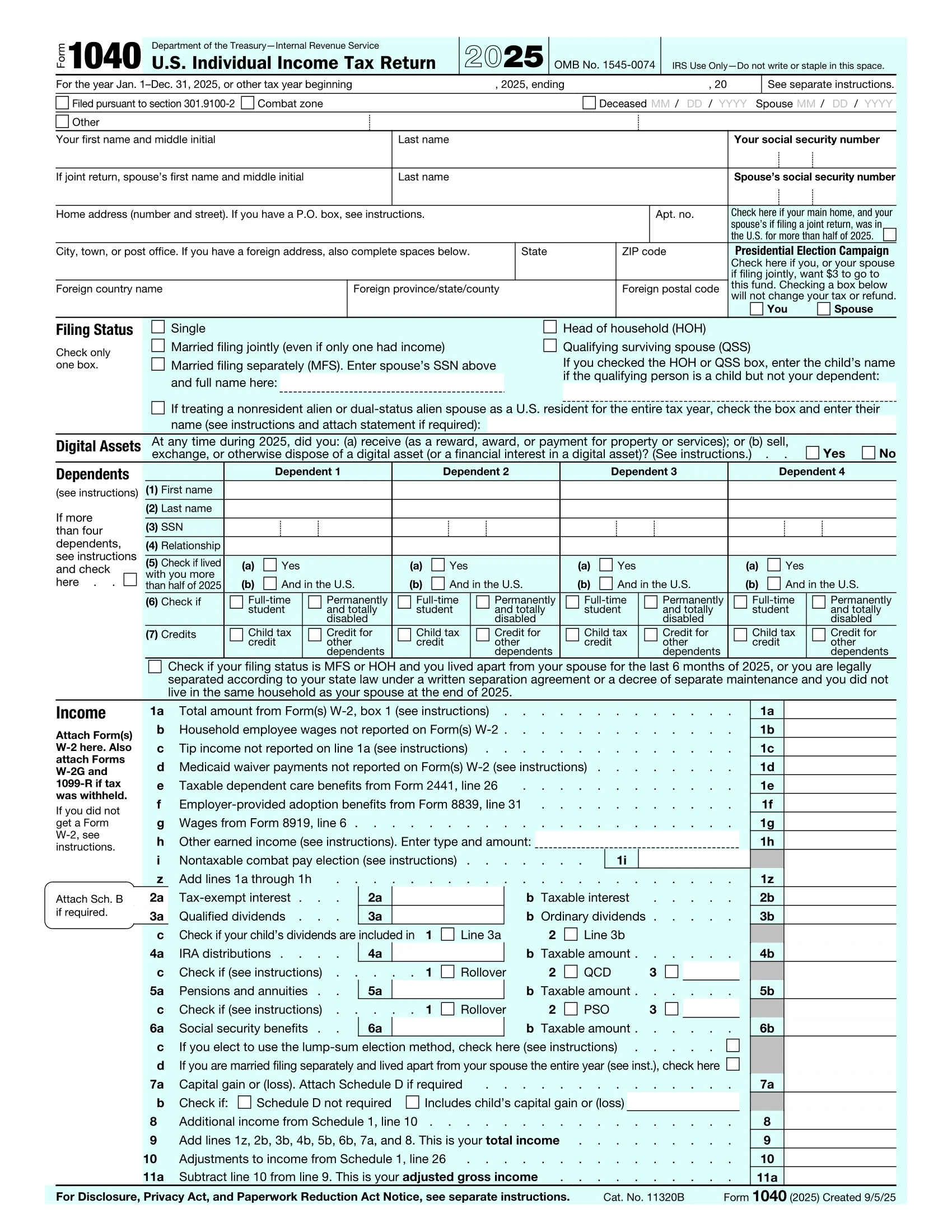 Fillable IRS Form 1040 For 2025 US Individual Income Tax Return 