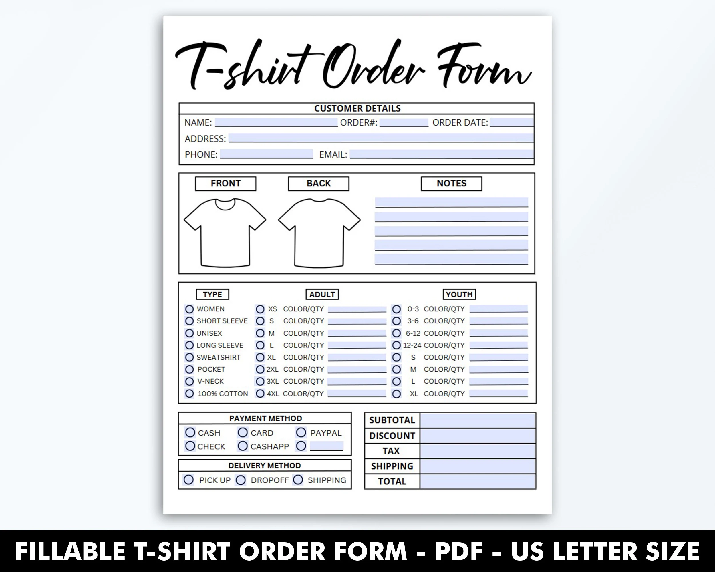 Fillable T shirt Order Form Template Editable Shirt Order Form PDF Small Business Forms Printable Digital File Instant Download Etsy