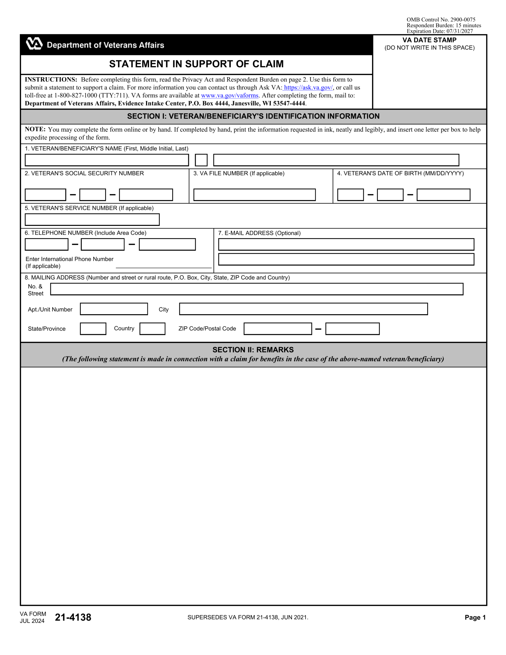 va form 21 526ez printable
