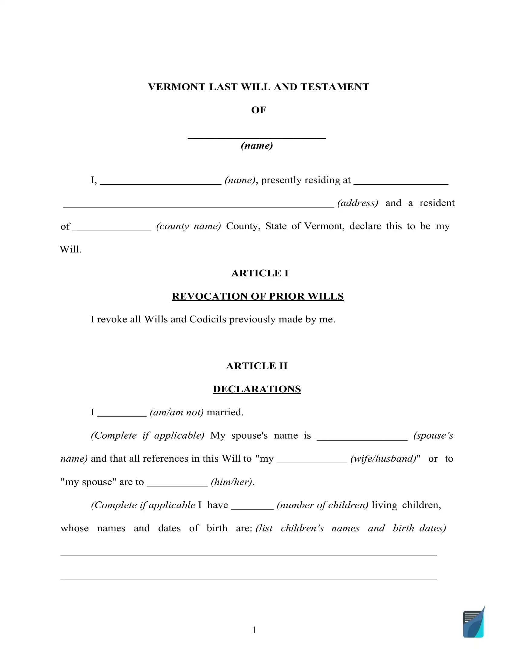 Fillable Vermont Last Will And Testament Form FREE FormsPal