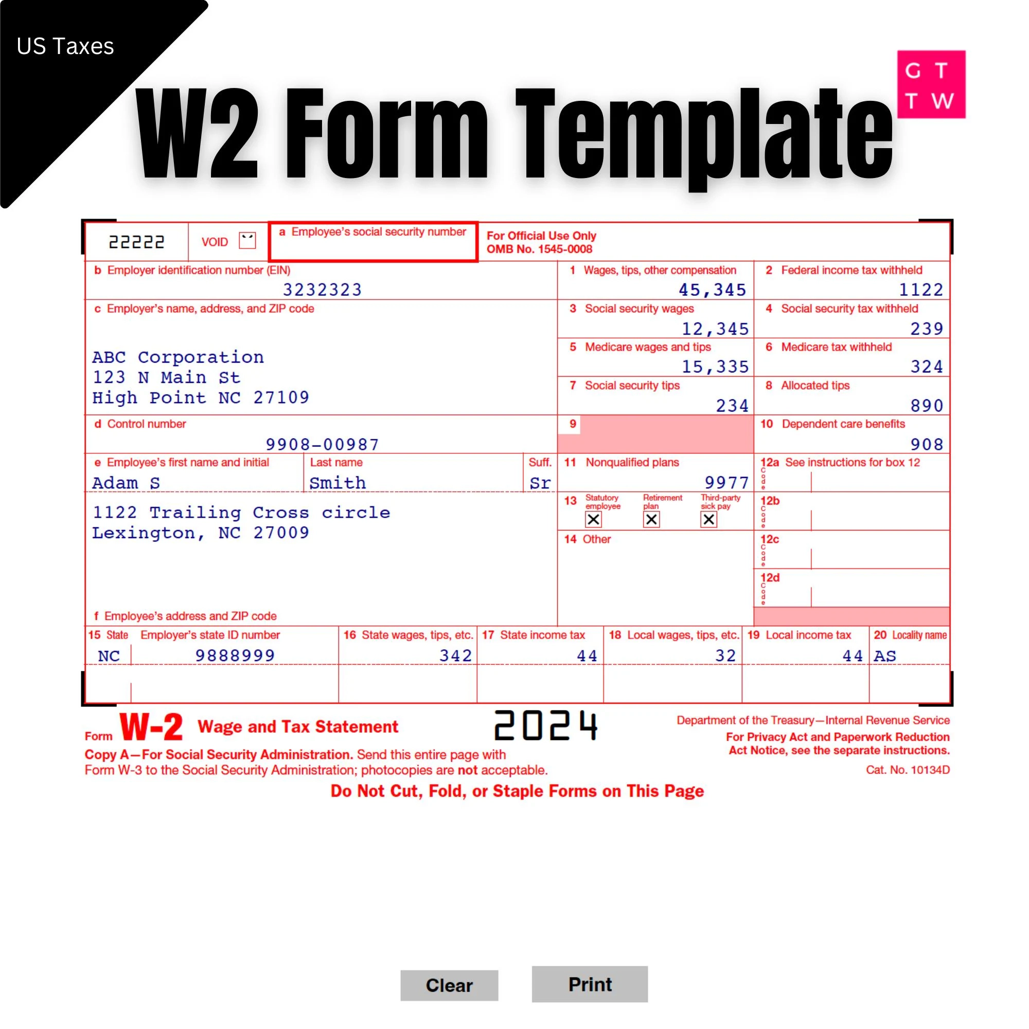 Fillable W2 Form 2024 Printable IRS Template digital Download Etsy Israel