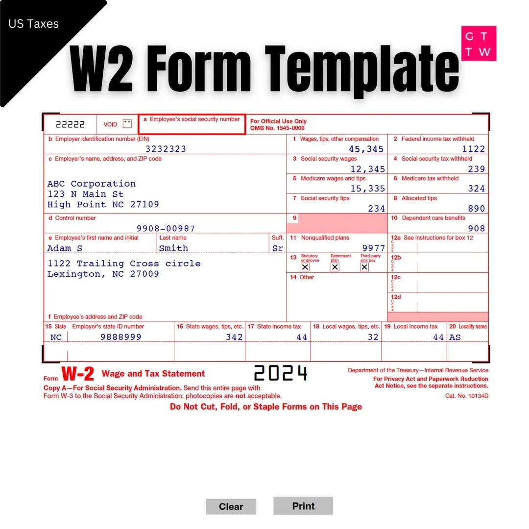 Fillable W2 Form 2024 Printable IRS Template digital Download Etsy Israel