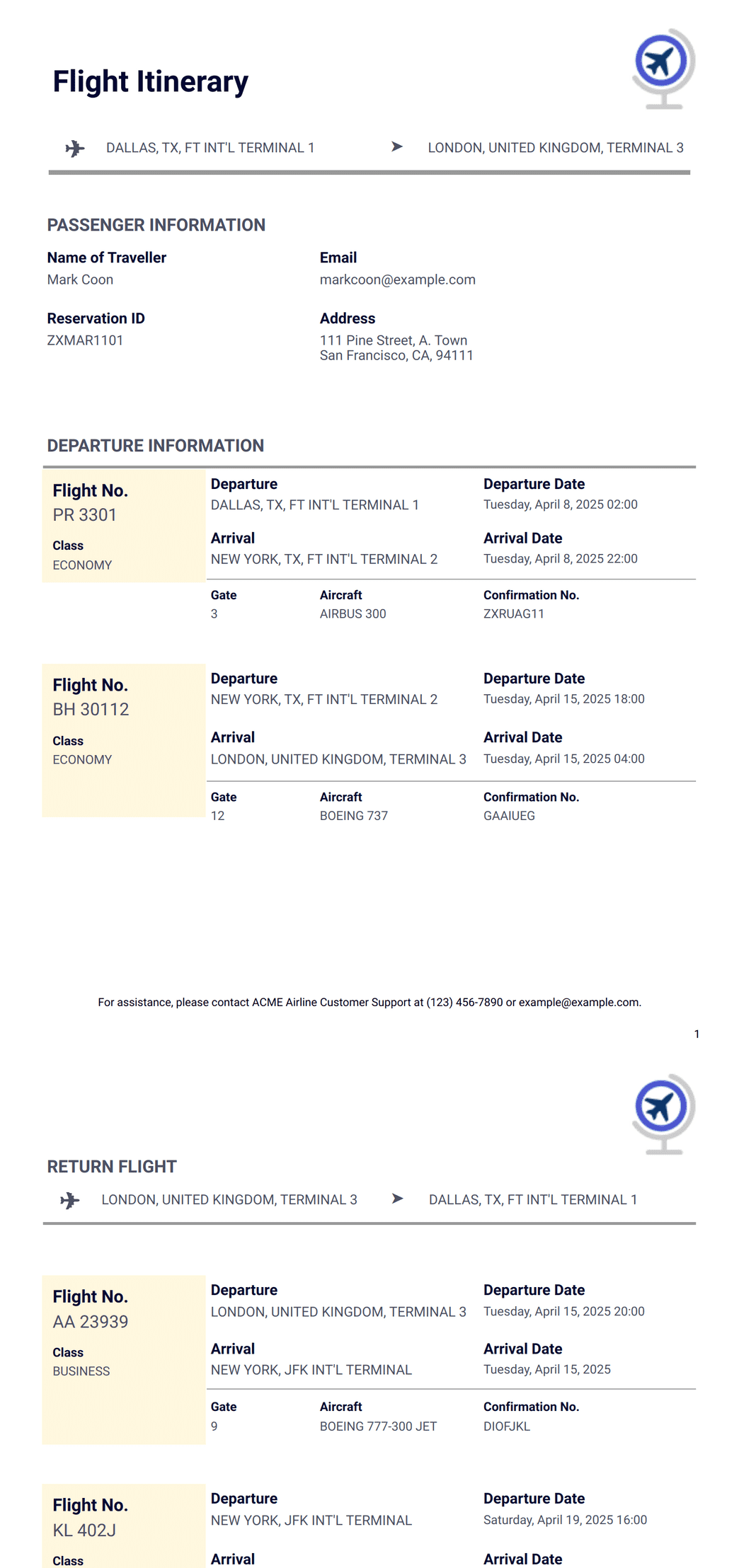 Flight Itinerary Template PDF Templates Jotform