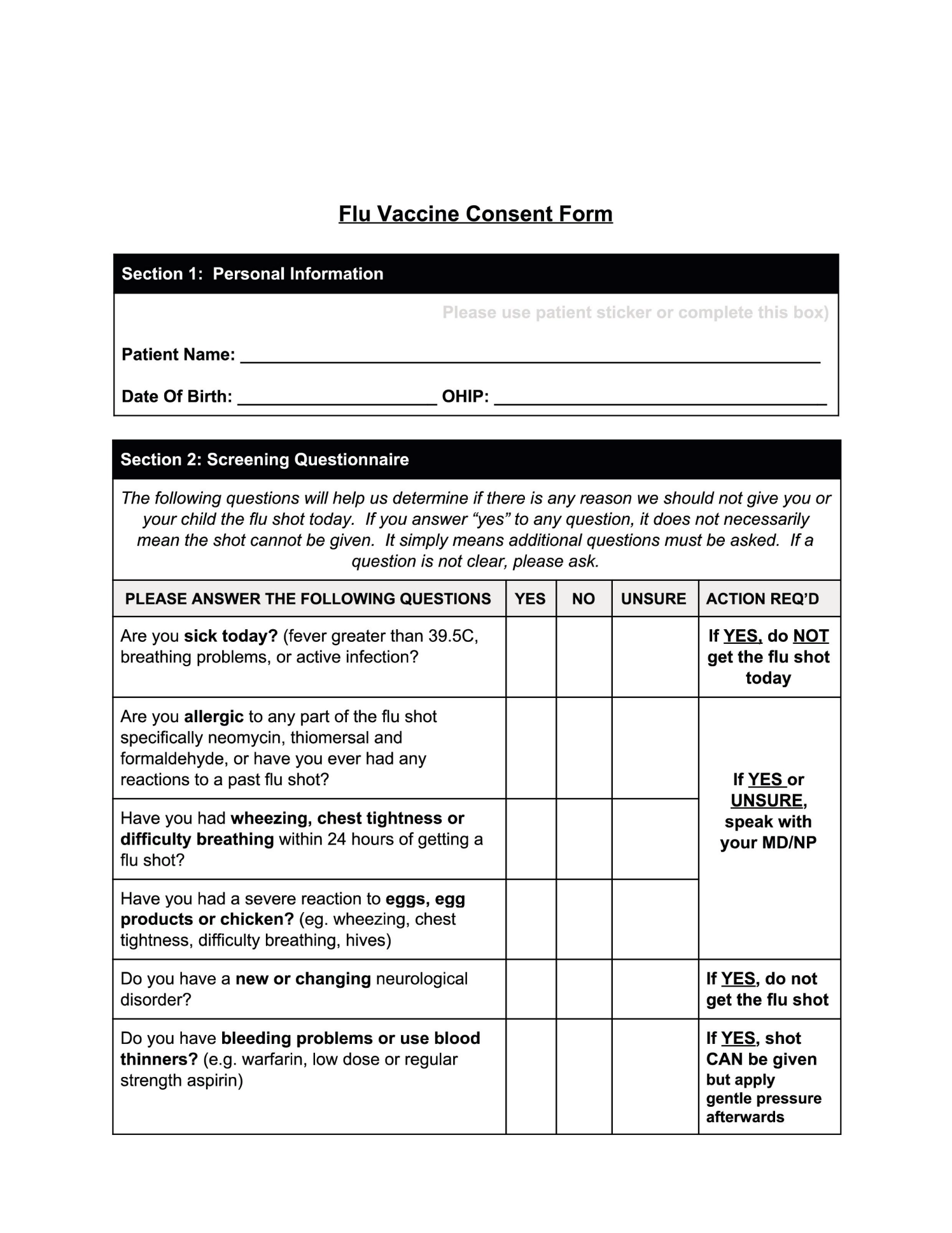 Flu Consent Form Printable Study Planner
