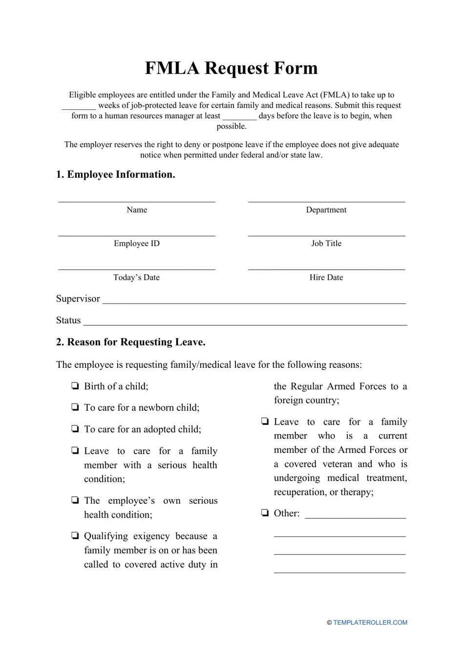 Fmla Form For Employee Printable Study Planner