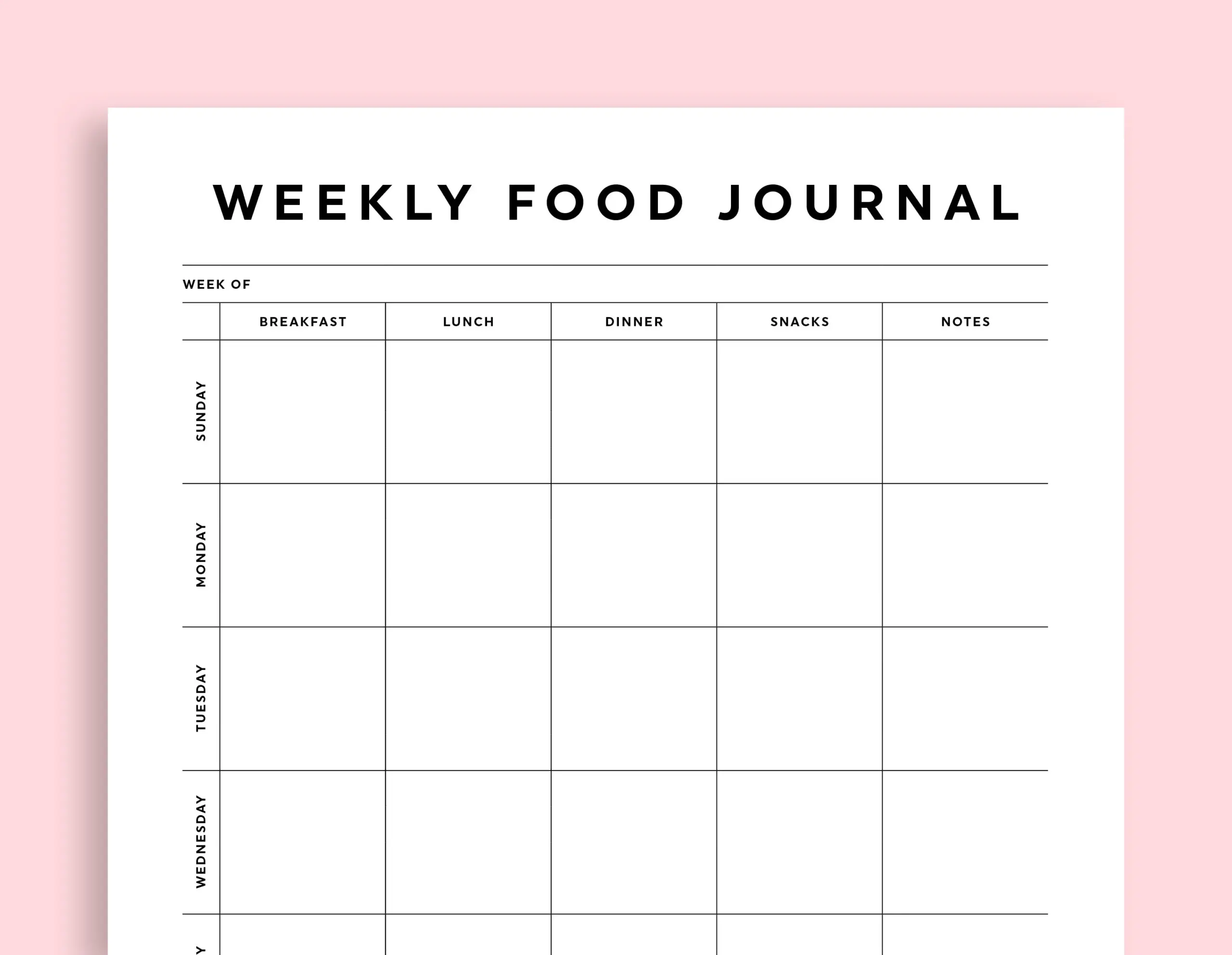 Food Journal Template Weekly Food Diary Printable Sunday monday Start Portrait Instant Download Etsy