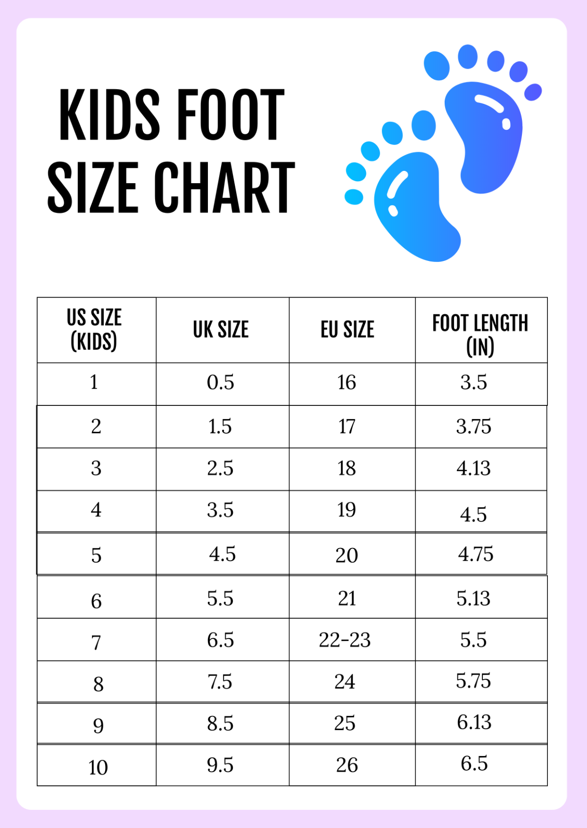 printable kids shoe size chart