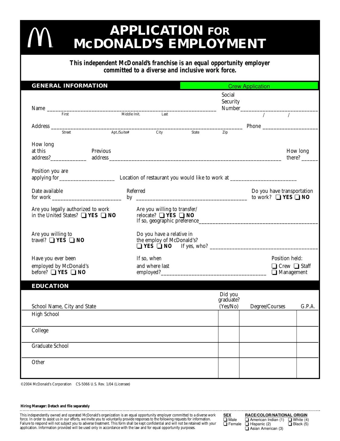mcdonalds printable application form