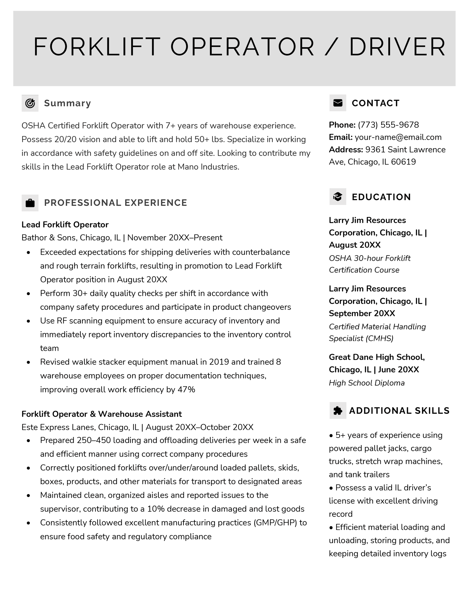 Forklift Operator Resume Sample And Tips Resume Genius