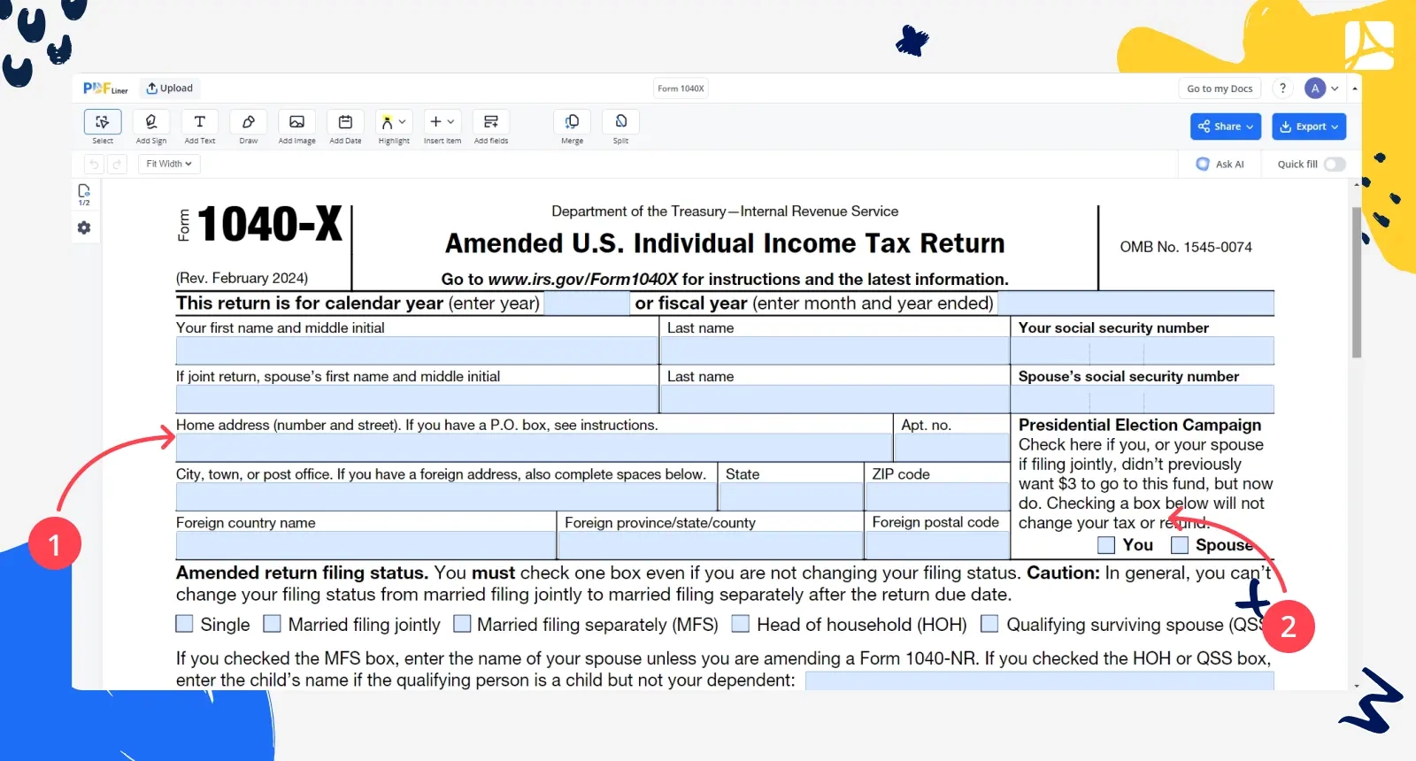 Form 1040X Printable Form 1040X Blank Online PDFliner