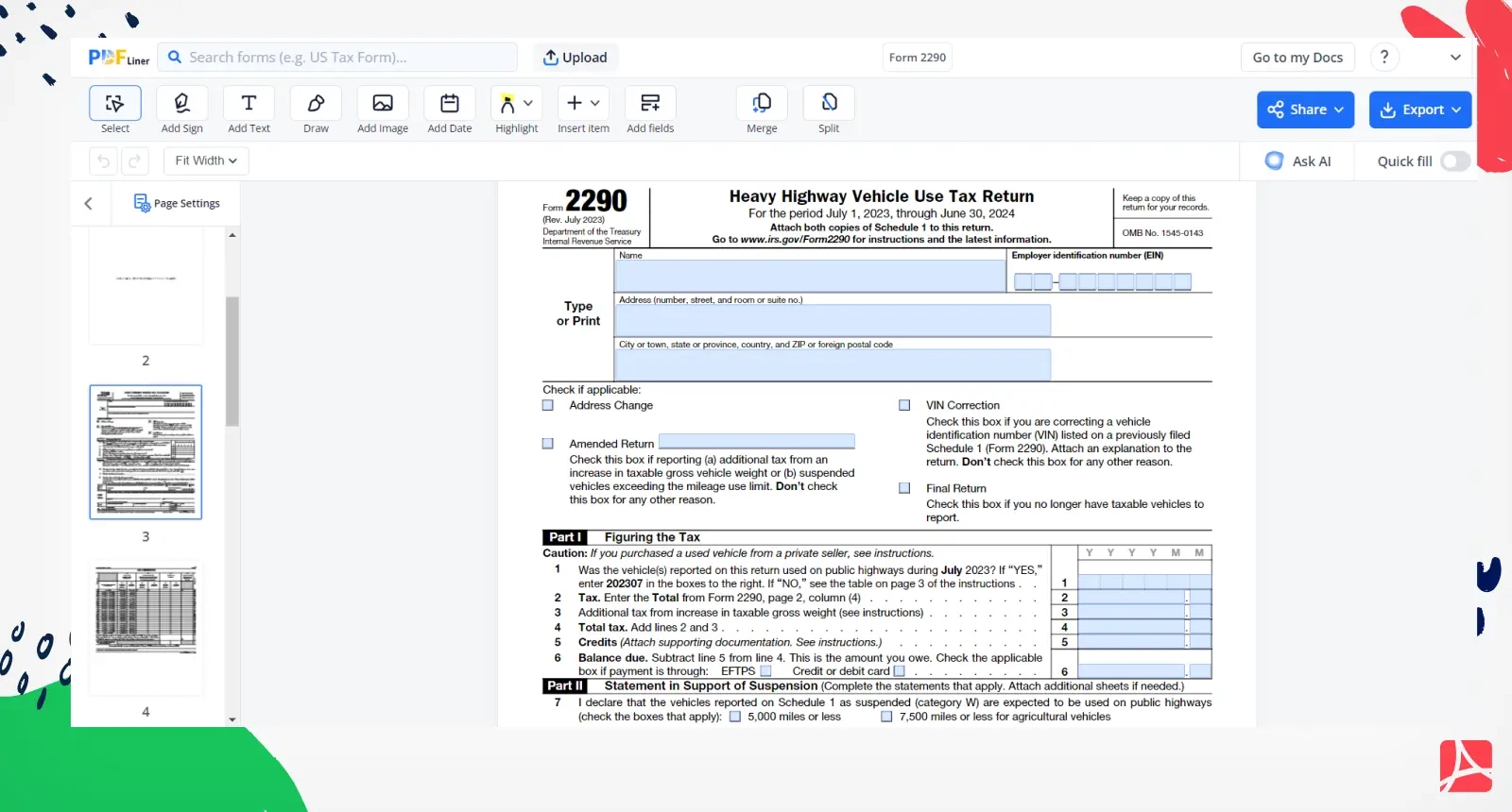 Form 2290 2023 Printable And Filable Form 2290 PDFliner