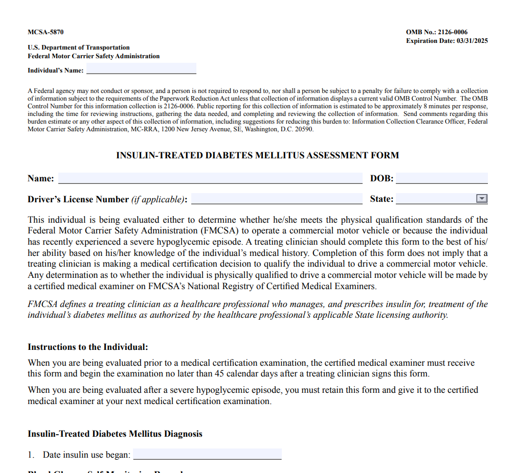 Form MCSA 5870 Insulin Treated Diabetes Mellitus Assessment Document Template