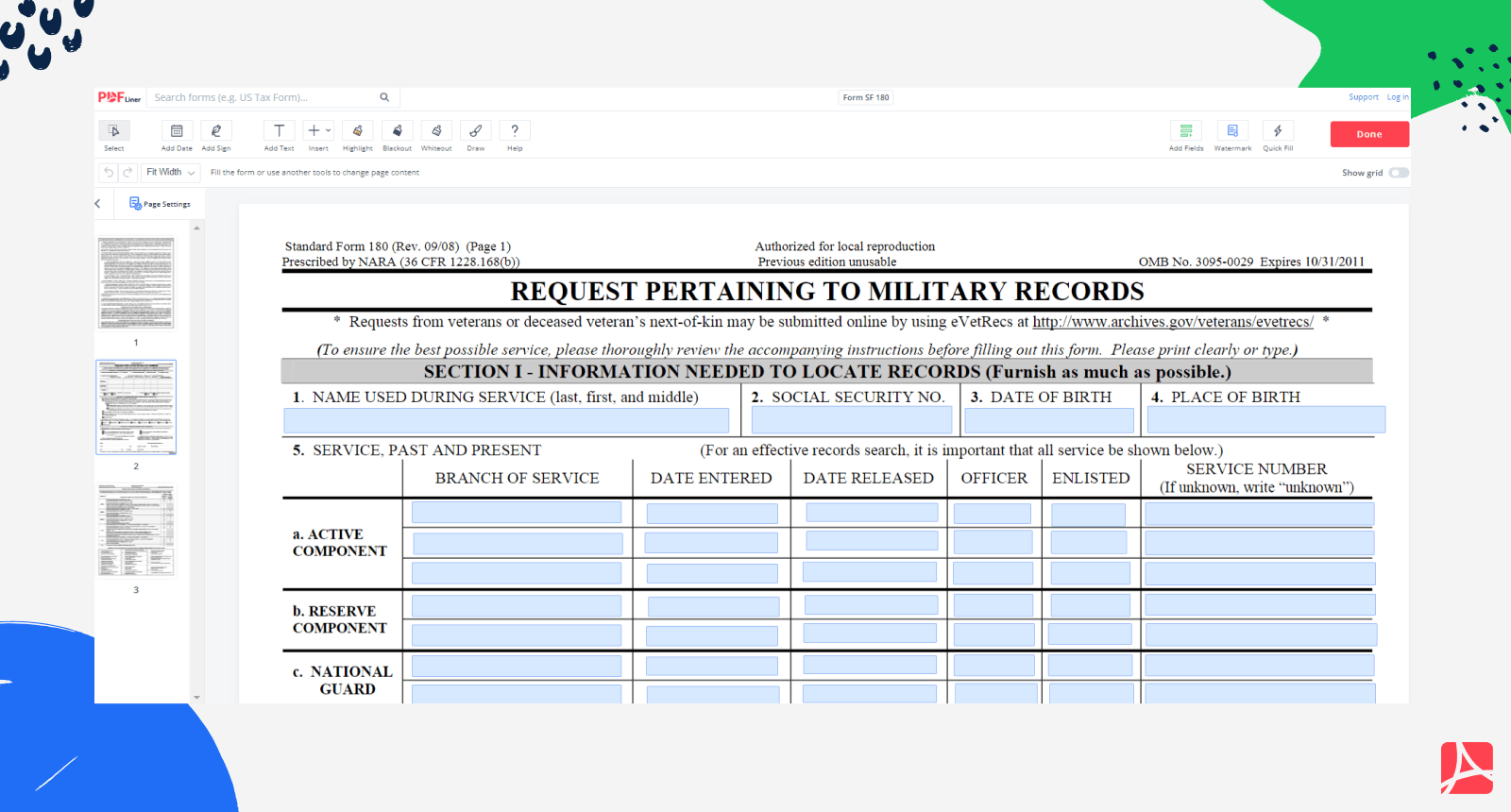 Form SF 180 Printable Form SF 180 Blank Sign Forms Online PDFliner