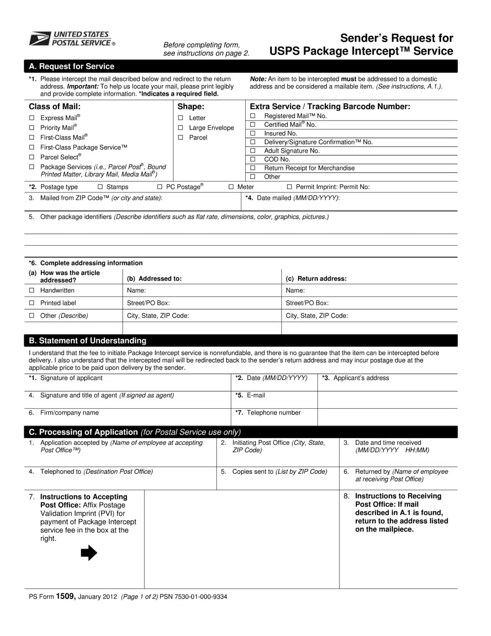 Form Usps Ps 1509 Fill Out Printable PDF Forms Online