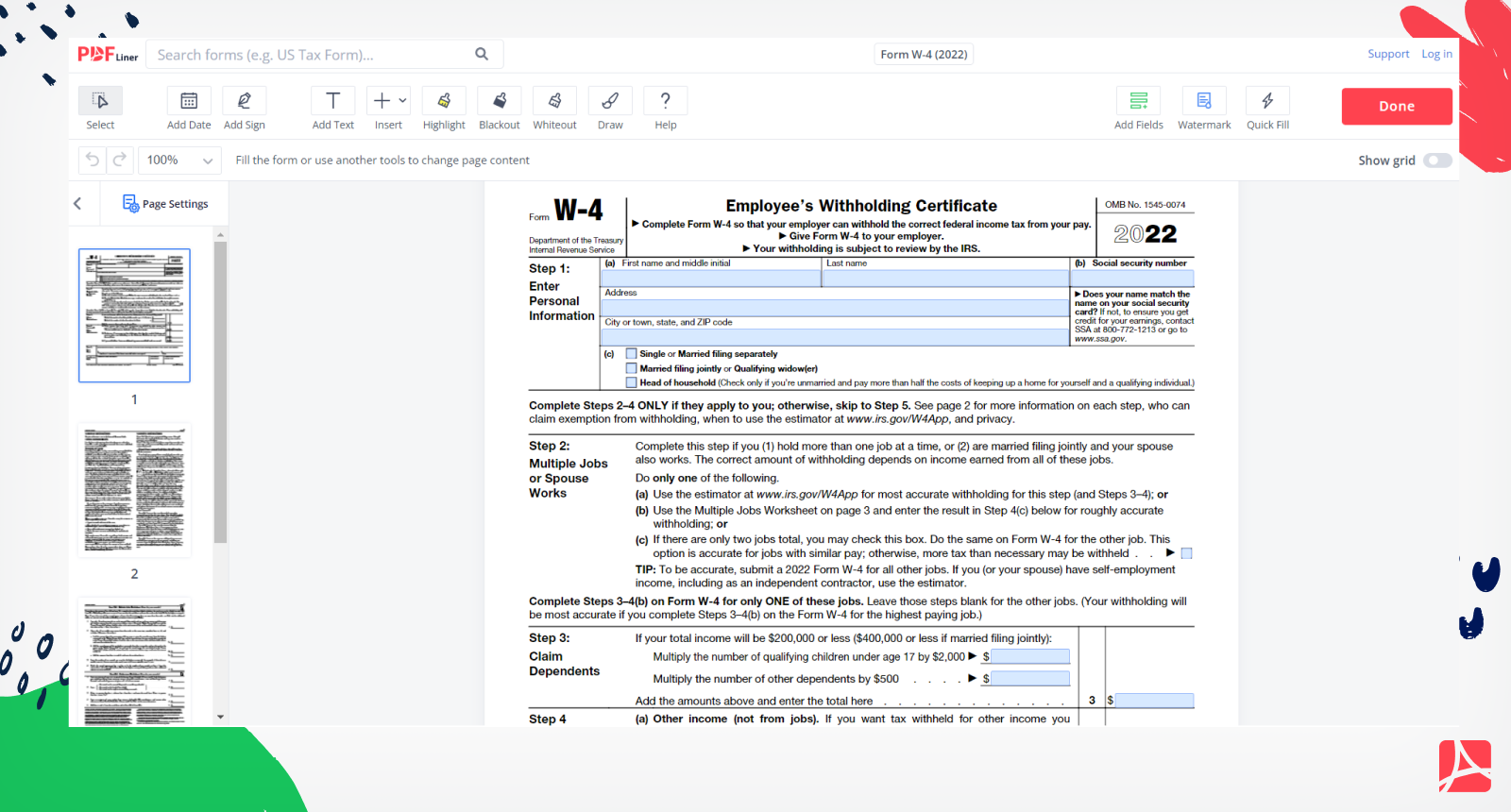 Form W 4 2022 Print And Sign W 4 Form Online PDFliner
