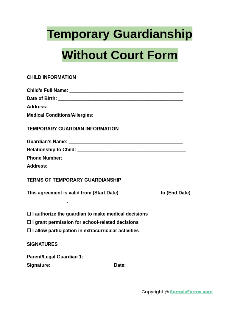 FREE 11 Temporary Guardianship Form Samples PDF MS Word Google Docs