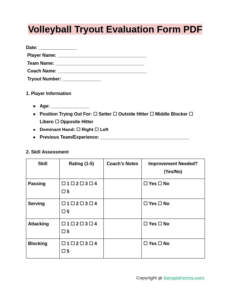 FREE 12 Volleyball Evaluation Form Samples PDF MS Word Google Docs