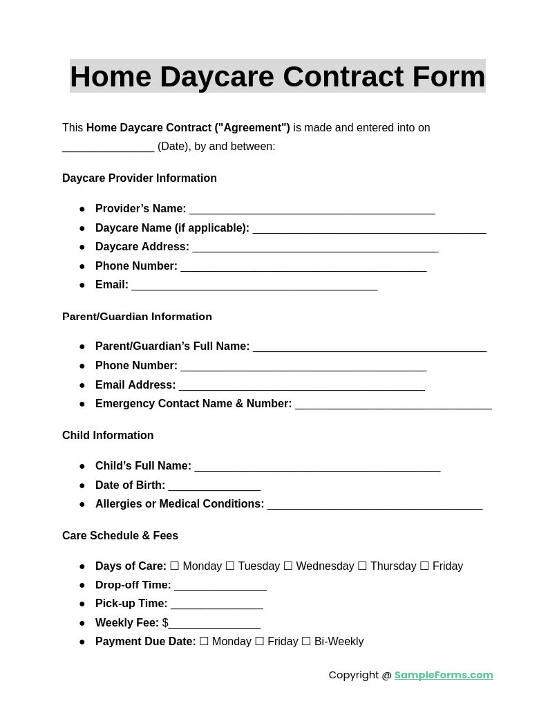 FREE 13 Daycare Contract Form Samples PDF MS Word Google Docs